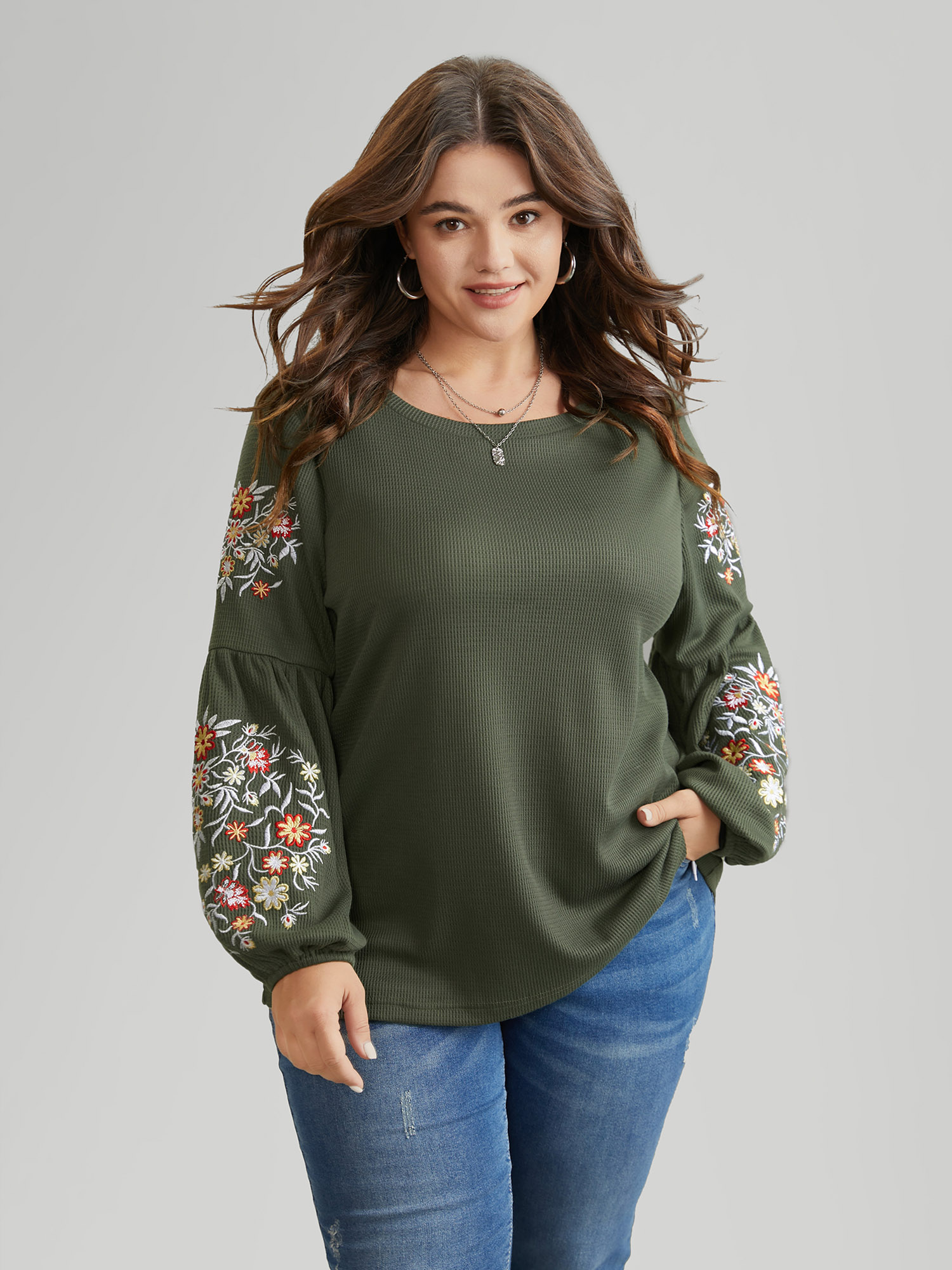 

Plus Size Waffle Knit Floral Embroidered Lantern Sleeve T-shirt ArmyGreen Women Elegant Texture Floral Round Neck Everyday T-shirts BloomChic