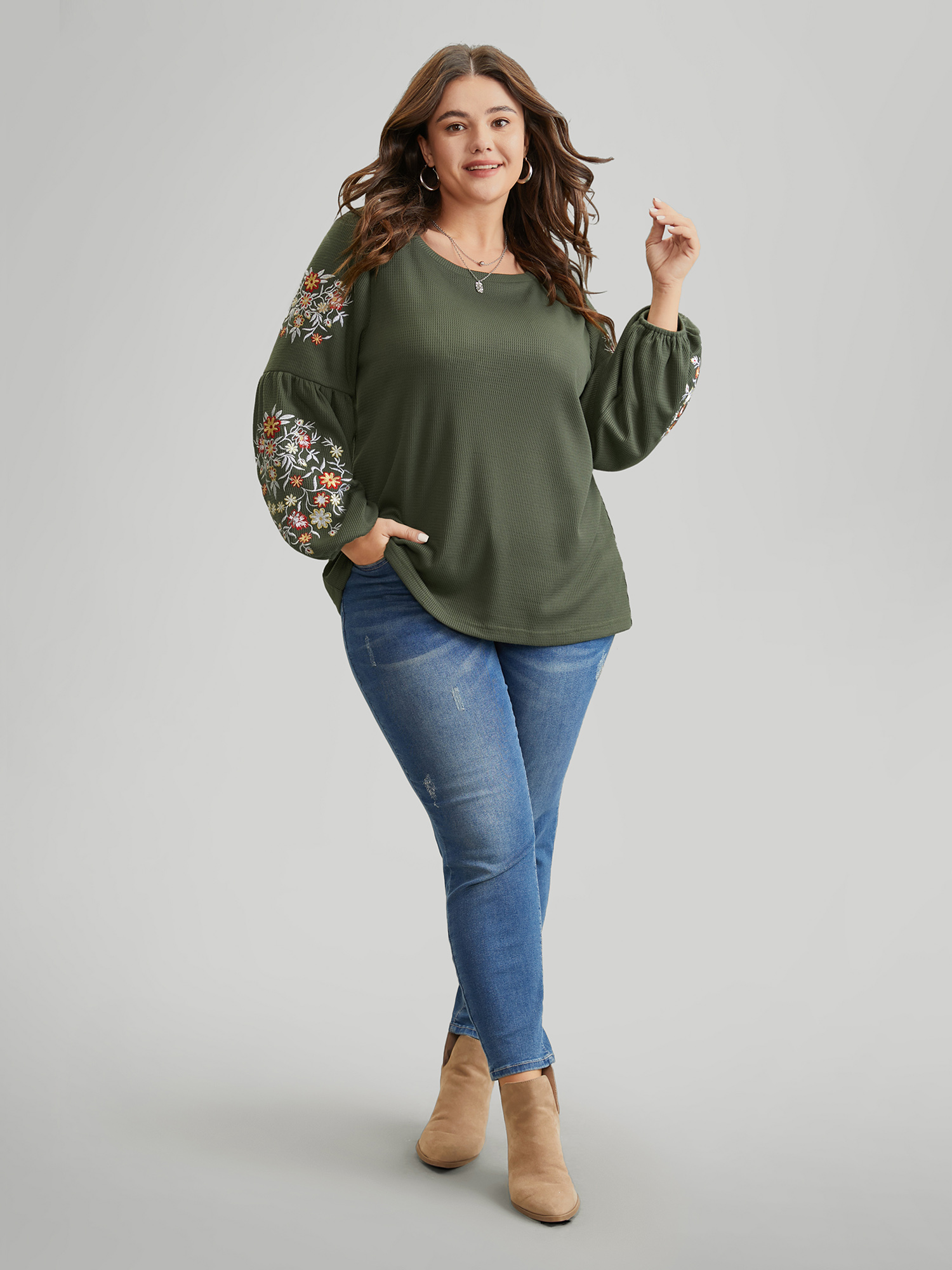 Plus Size Women Everyday Floral Waffle Knit Lantern Sleeve Long Sleeve Round Neck Elegant T-shirts BloomChic 