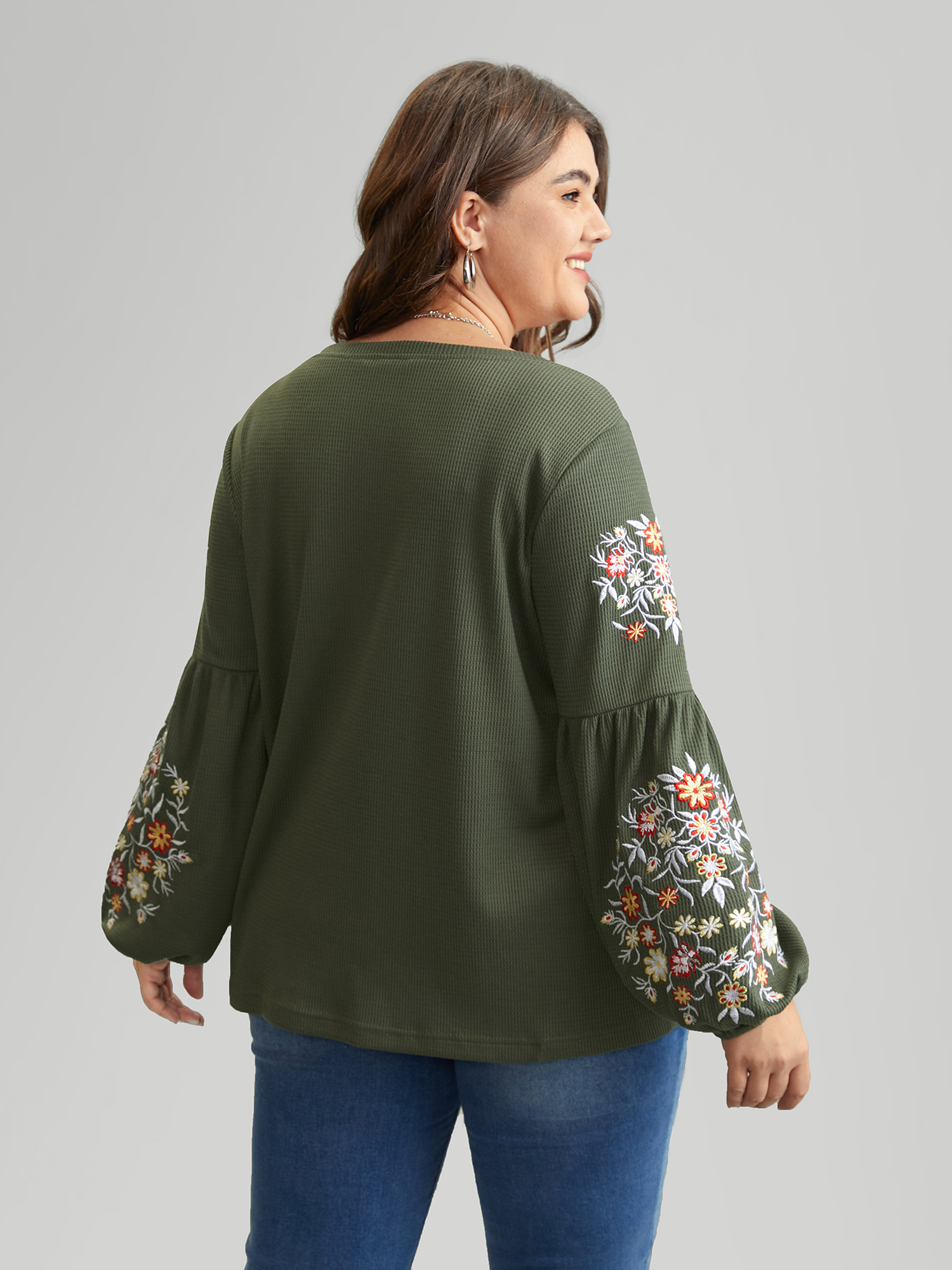 Plus Size Women Everyday Floral Waffle Knit Lantern Sleeve Long Sleeve Round Neck Elegant T-shirts BloomChic 