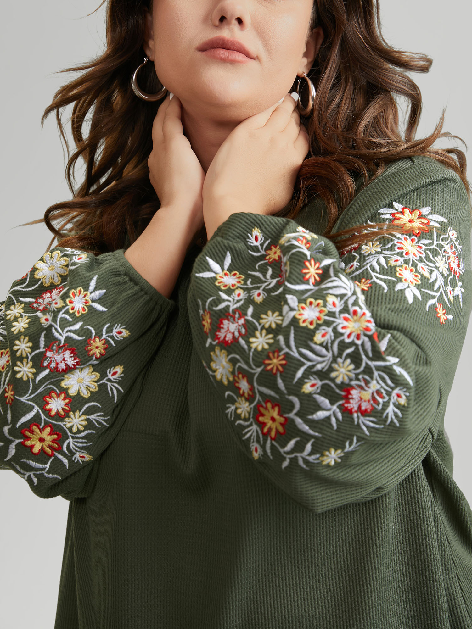 Plus Size Women Everyday Floral Waffle Knit Lantern Sleeve Long Sleeve Round Neck Elegant T-shirts BloomChic 