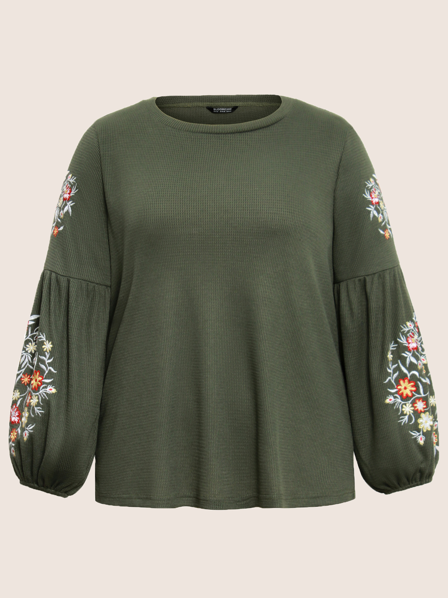 Plus Size Women Everyday Floral Waffle Knit Lantern Sleeve Long Sleeve Round Neck Elegant T-shirts BloomChic 