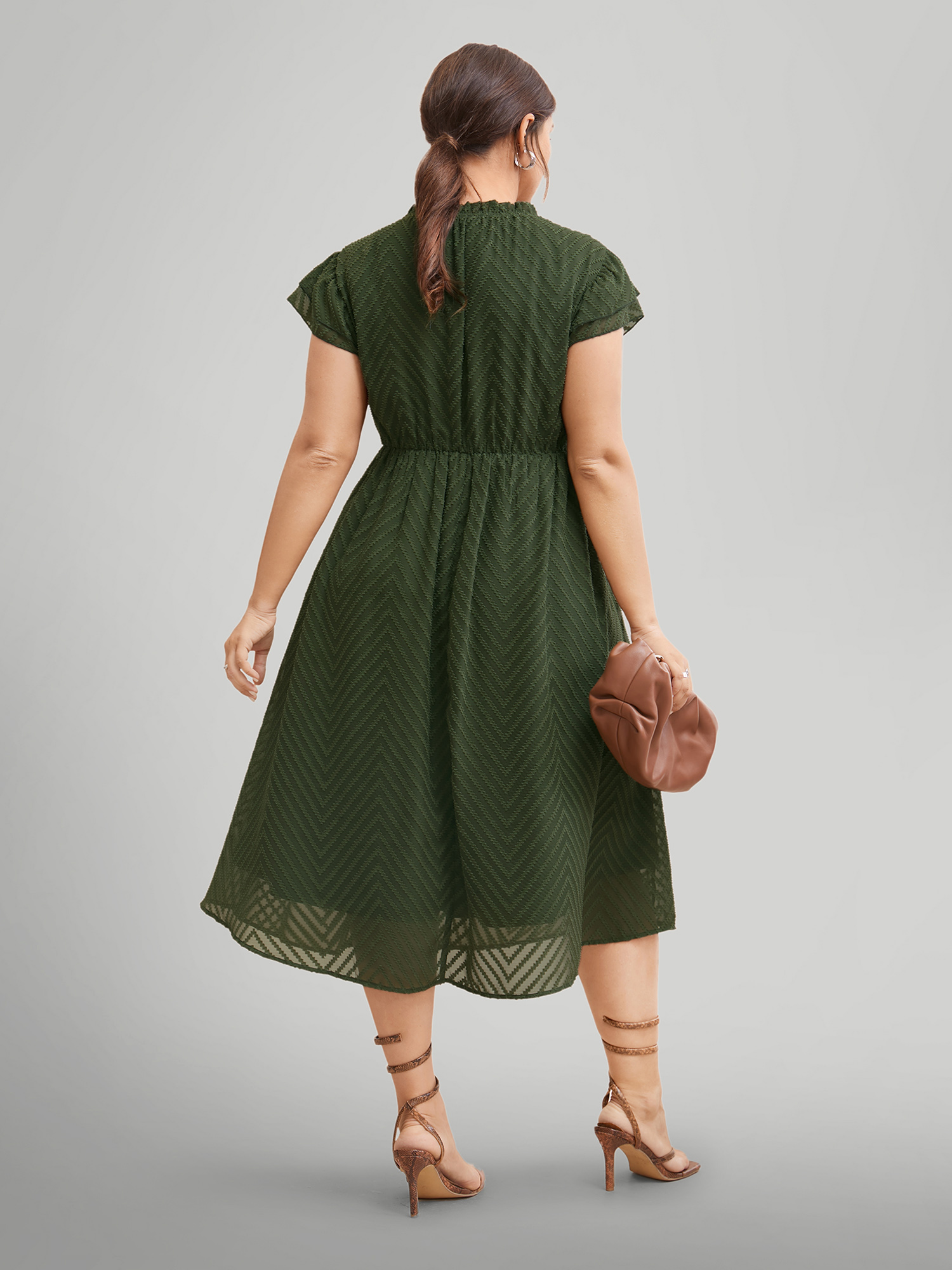 

Plus Size Plain Geometric Layered Sleeve Pocket Ruffle Mock Neck Dress ArmyGreen Women Office See through Round Neck Cap Sleeve Curvy Midi Dress BloomChic