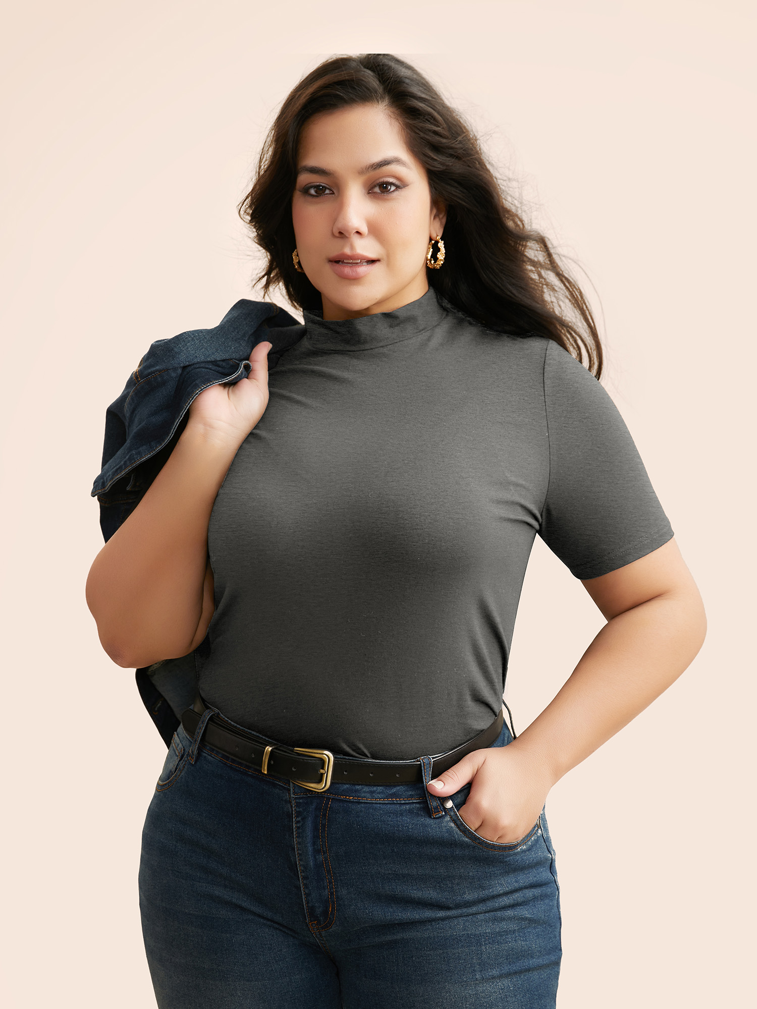 

Plus Size Supersoft Essentials Solid Mock Neck T-shirt DimGray Women Casual Non Mock Neck Skinny Everyday T-shirts BloomChic