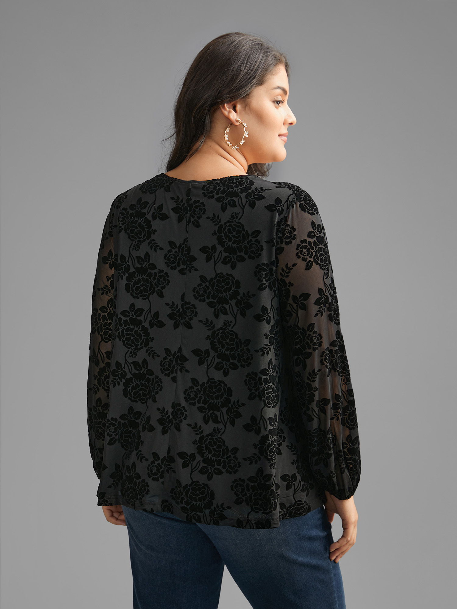 

Plus Size Black Sheer Flocked Lace Trim V-neck Blouse Women Cocktail Long Sleeve V-neck Party Blouses BloomChic