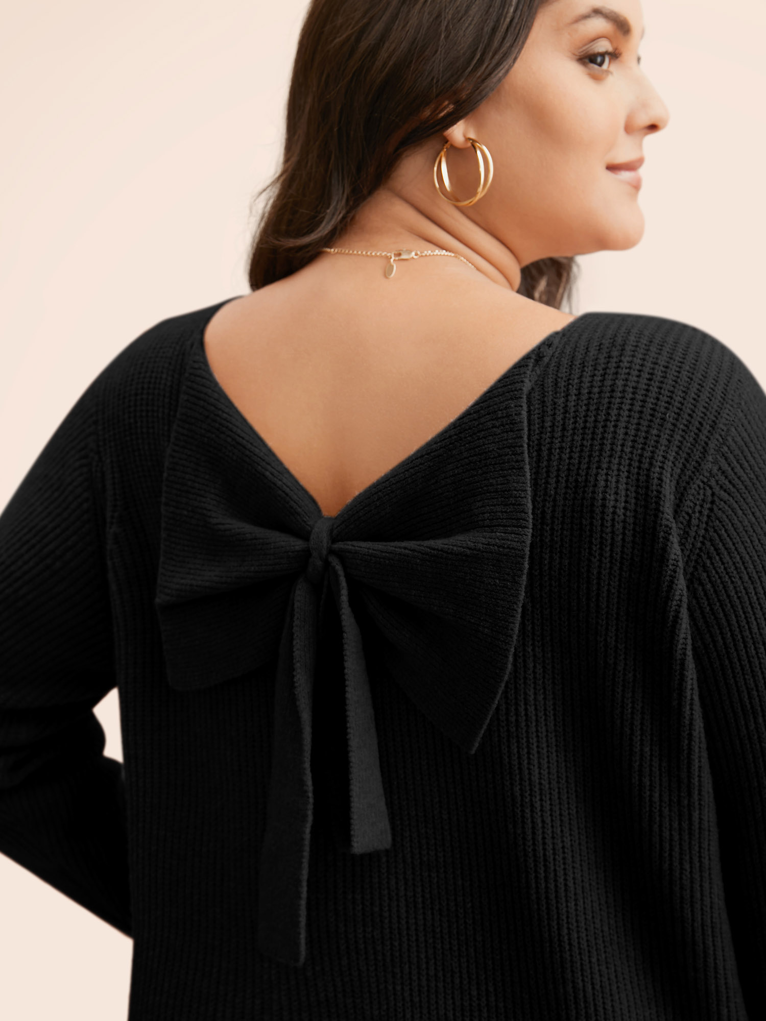 

Plus Size Round Neck Texture Back Bowknot Pullover Black Women Casual Loose Long Sleeve Round Neck Everyday Pullovers BloomChic