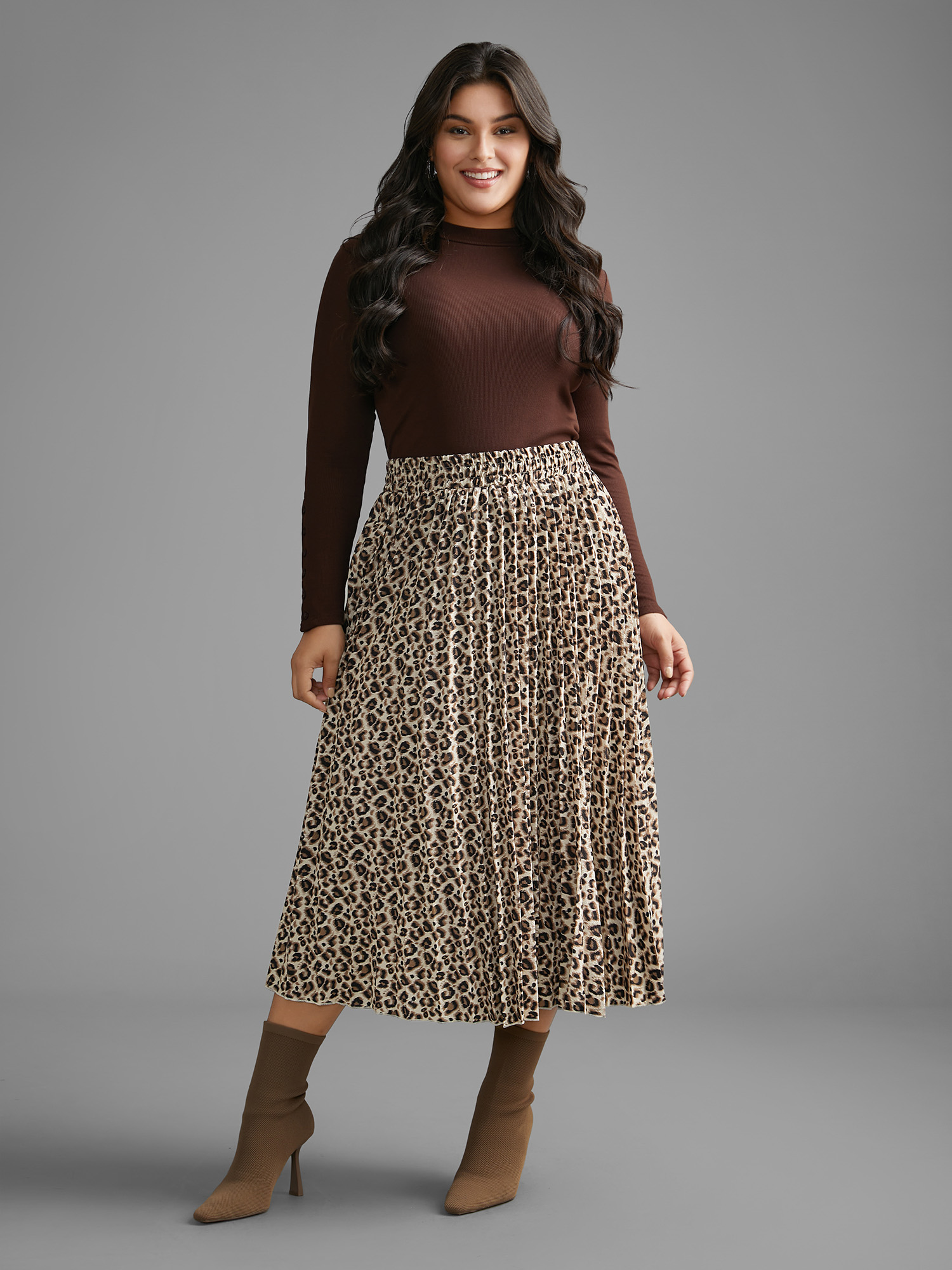 Plus Size Leopard Print Pleated Elastic Waist Skirt Women Leopard Elegant No stretch Everyday Skirts BloomChic 28/5X 
