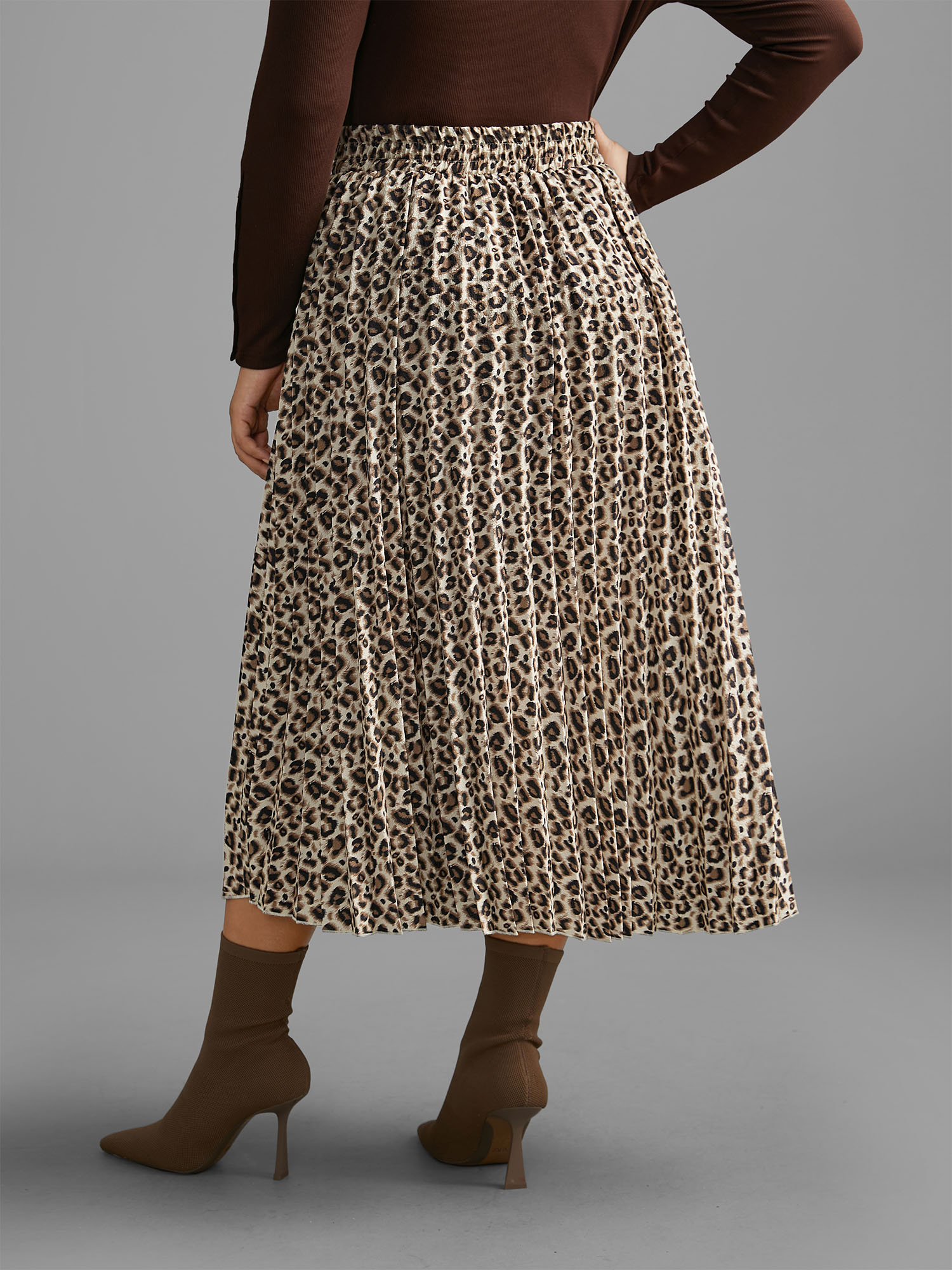 Plus Size Leopard Print Pleated Elastic Waist Skirt Women Leopard Elegant No stretch Everyday Skirts BloomChic 28/5X 