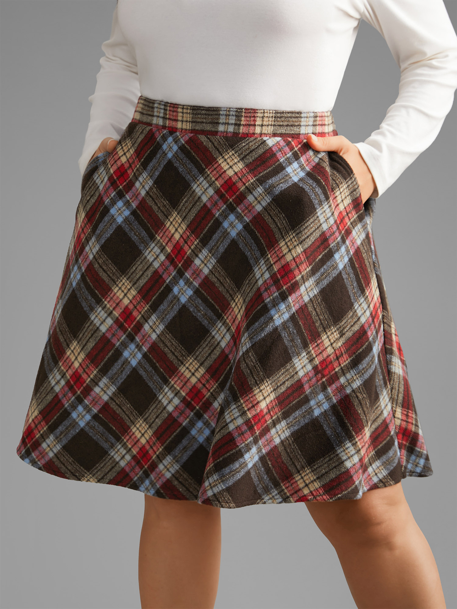 

Plus Size Plaid Pattern Elastic Waist A-line Mini Skirt Women DarkBrown Elegant Low stretch Slanted pocket Everyday Skirts BloomChic