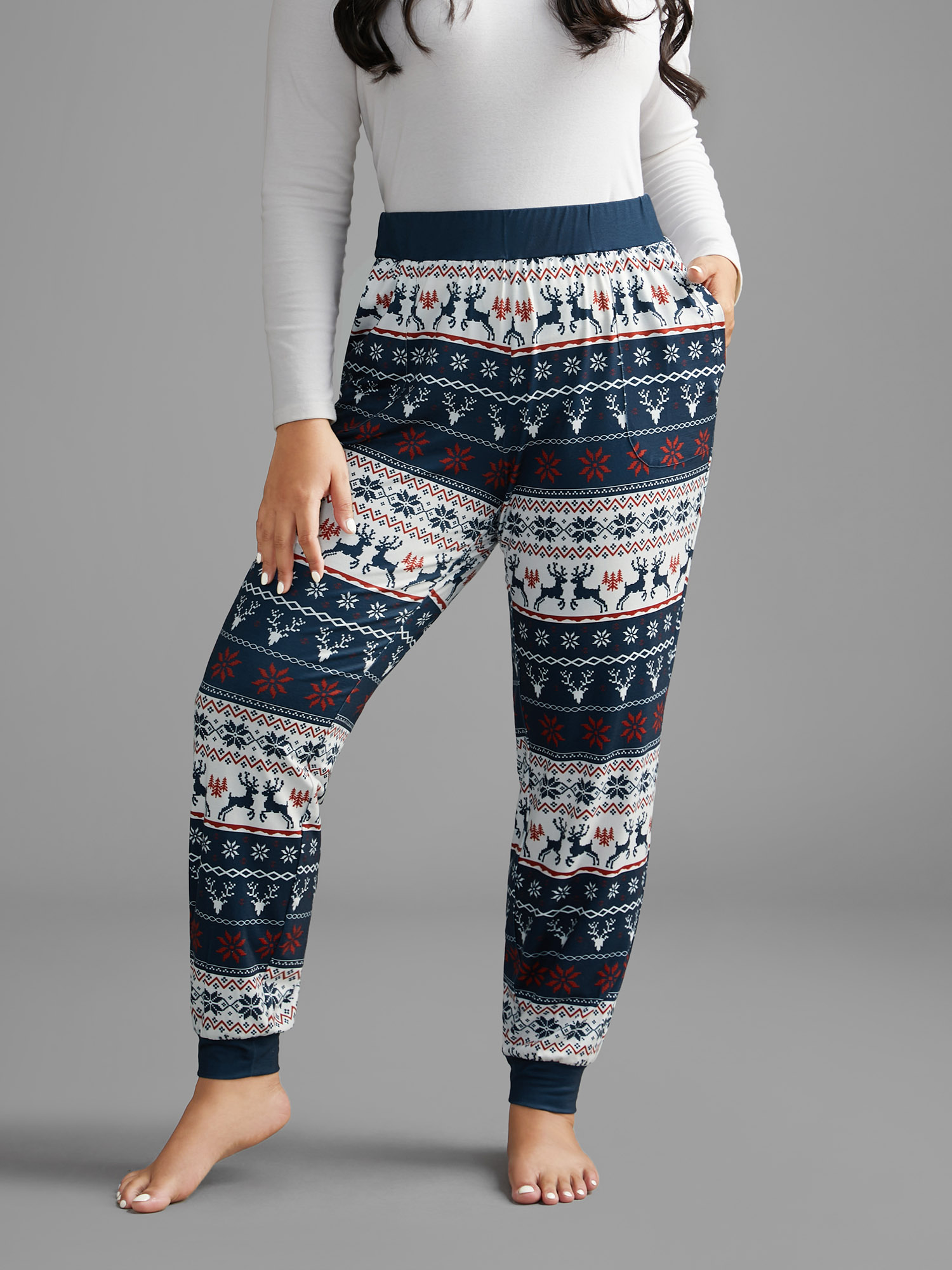 

Plus Size Snowflakes Printed Pocket Knit Lounge Pants Indigo  Bloomchic