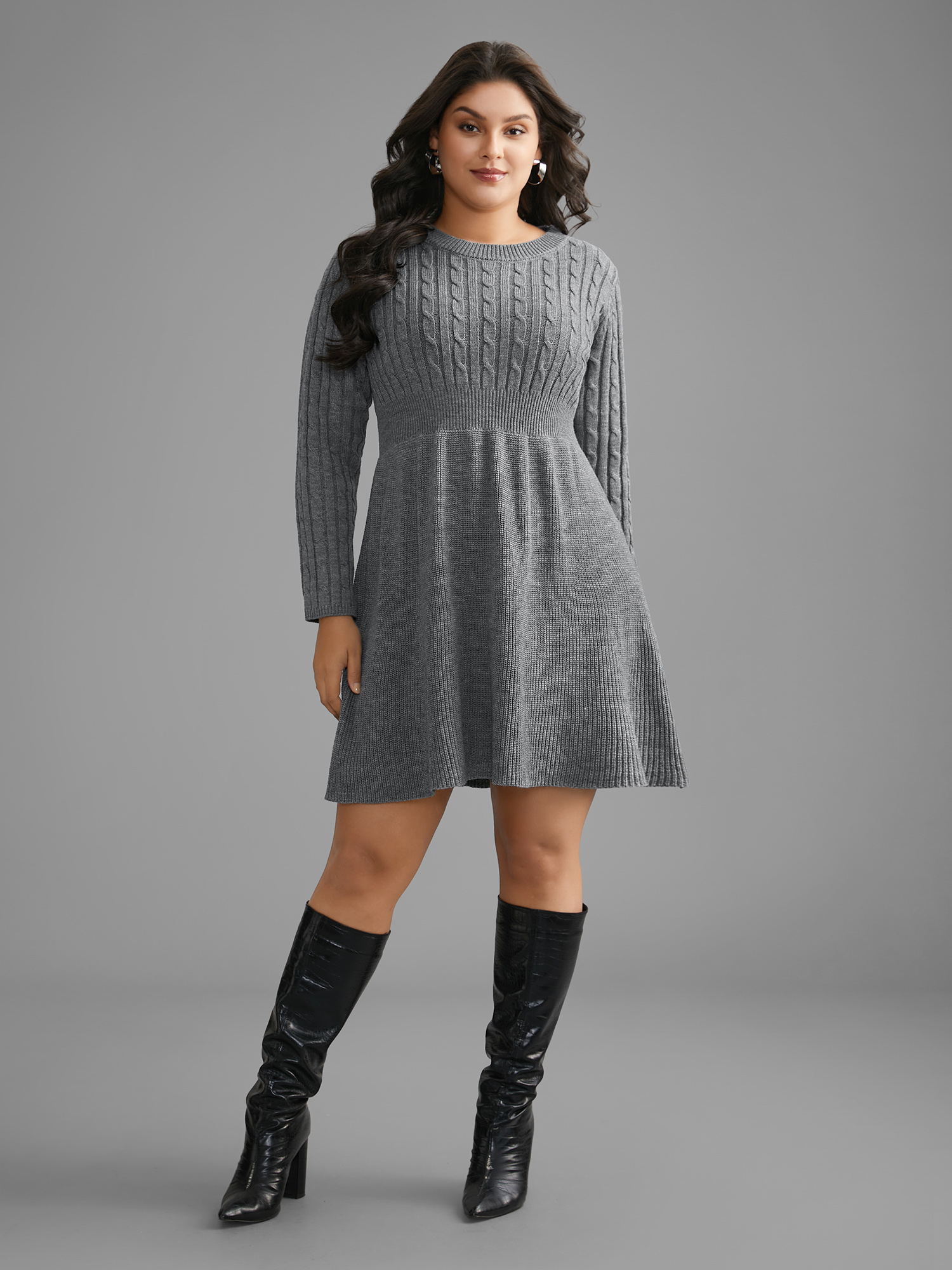 

Plus Size Cable Knit Fit-and-Flare Midi Sweater Dress DarkGray Women Elegant Bodycon Long Sleeve Everyday Sweater Dresses BloomChic