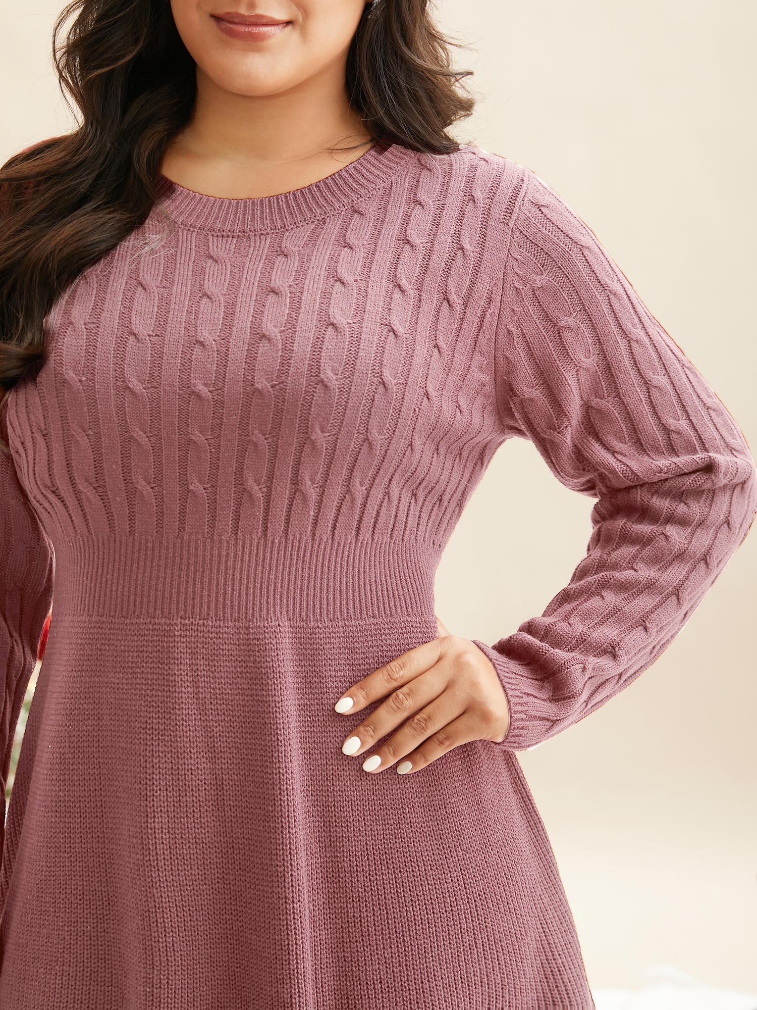 

Plus Size Cable Knit Fit-and-Flare Midi Sweater Dress Beanpastepowder Women Elegant Bodycon Long Sleeve Everyday Sweater Dresses BloomChic