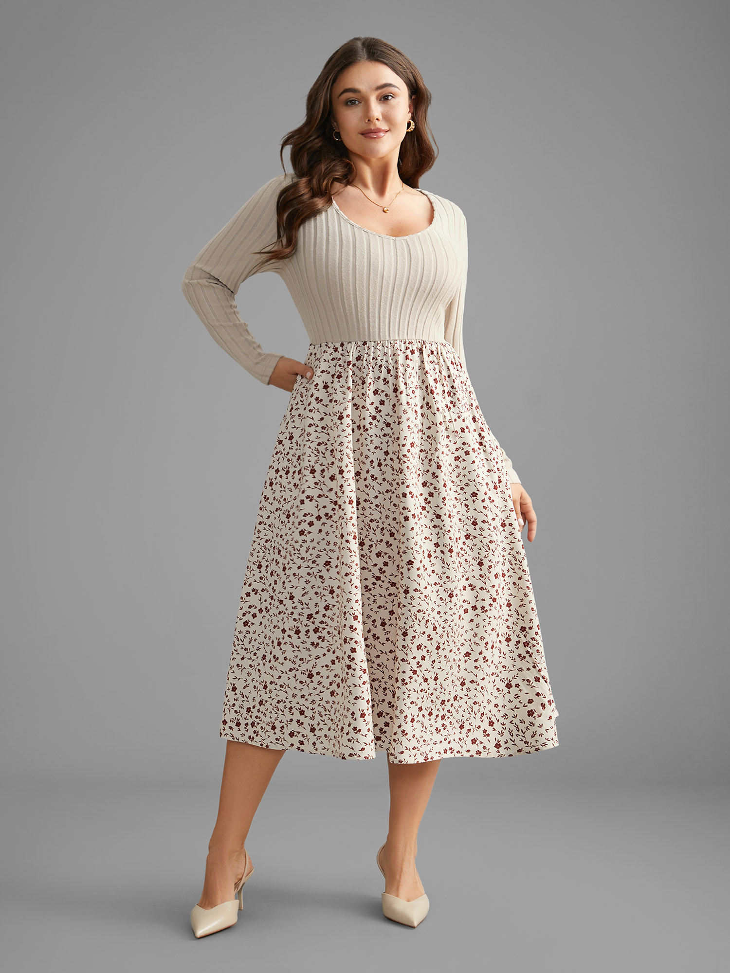 Plus Size Ditsy Floral Patchwork Texture Midi Dress Apricot Women Elegant Texture V-neck Long Sleeve Curvy BloomChic 14-16/1X 