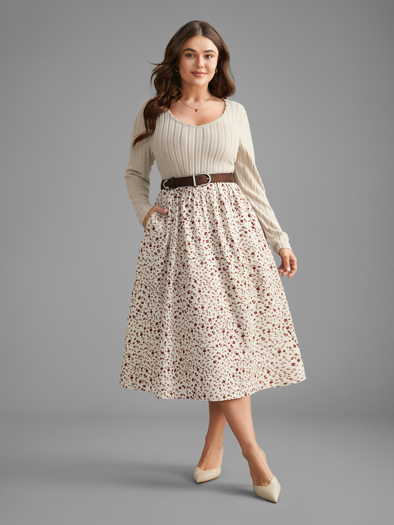 Plus Size Ditsy Floral Patchwork Texture Midi Dress Apricot Women Elegant Texture V-neck Long Sleeve Curvy BloomChic 14-16/1X 