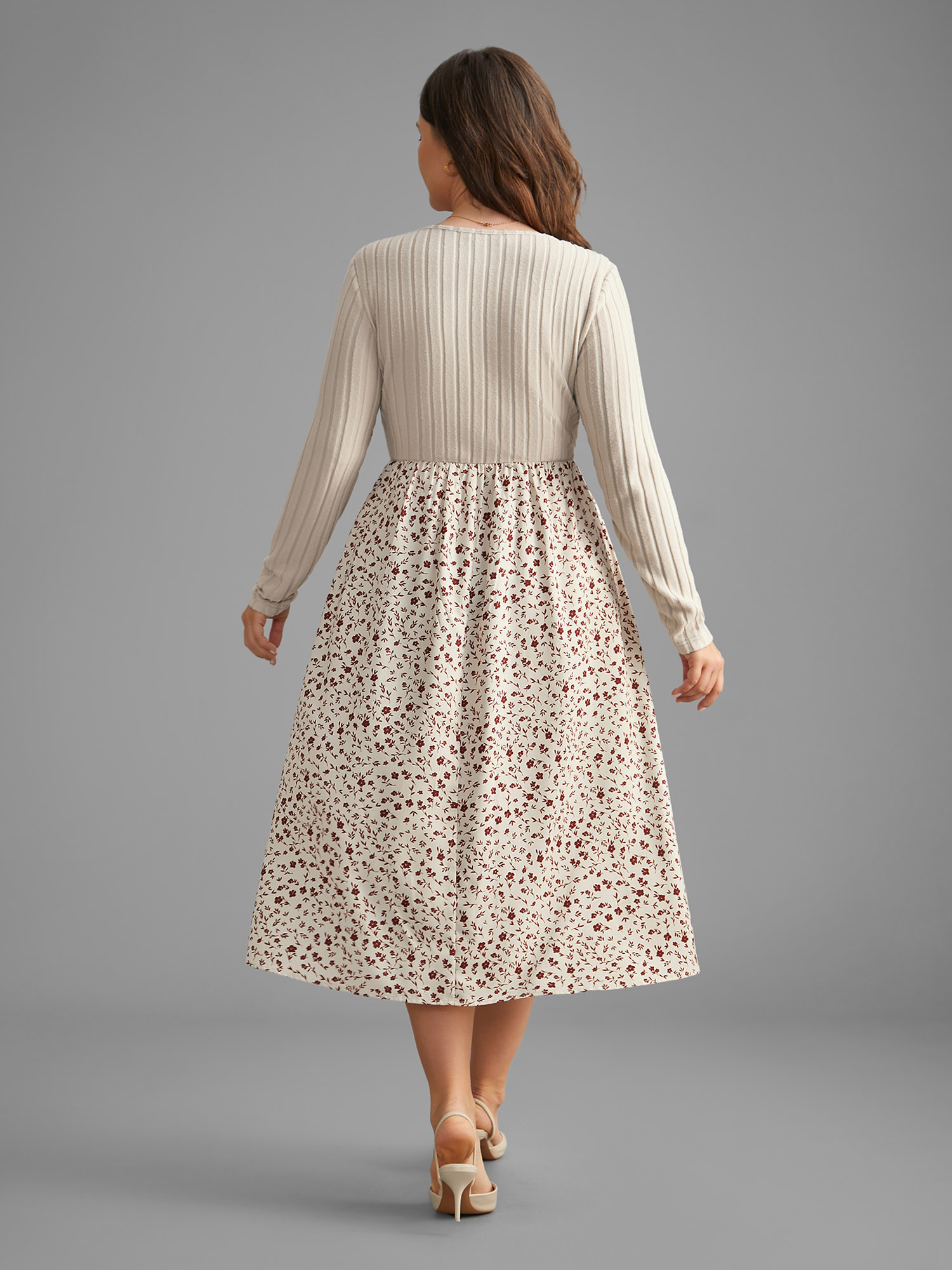 Plus Size Ditsy Floral Patchwork Texture Midi Dress Apricot Women Elegant Texture V-neck Long Sleeve Curvy BloomChic 14-16/1X 