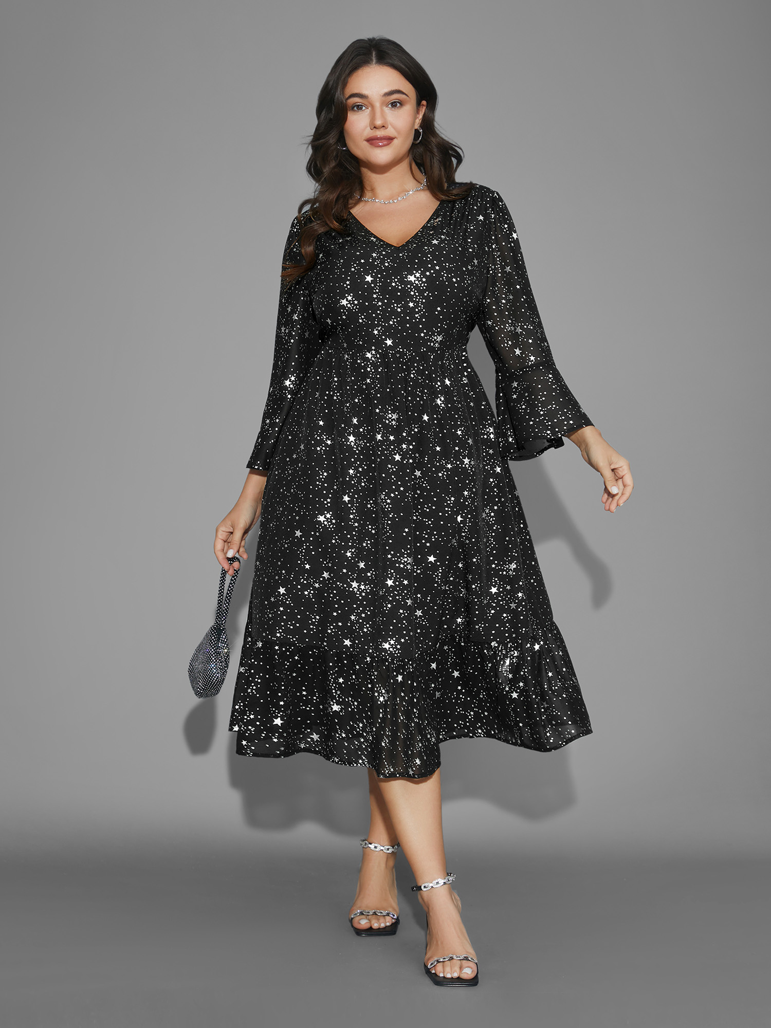 

Plus Size Glitter Star Flutter Sleeve Chiffon Dress Black Women Cocktail Gathered Knit Dresses Bloomchic