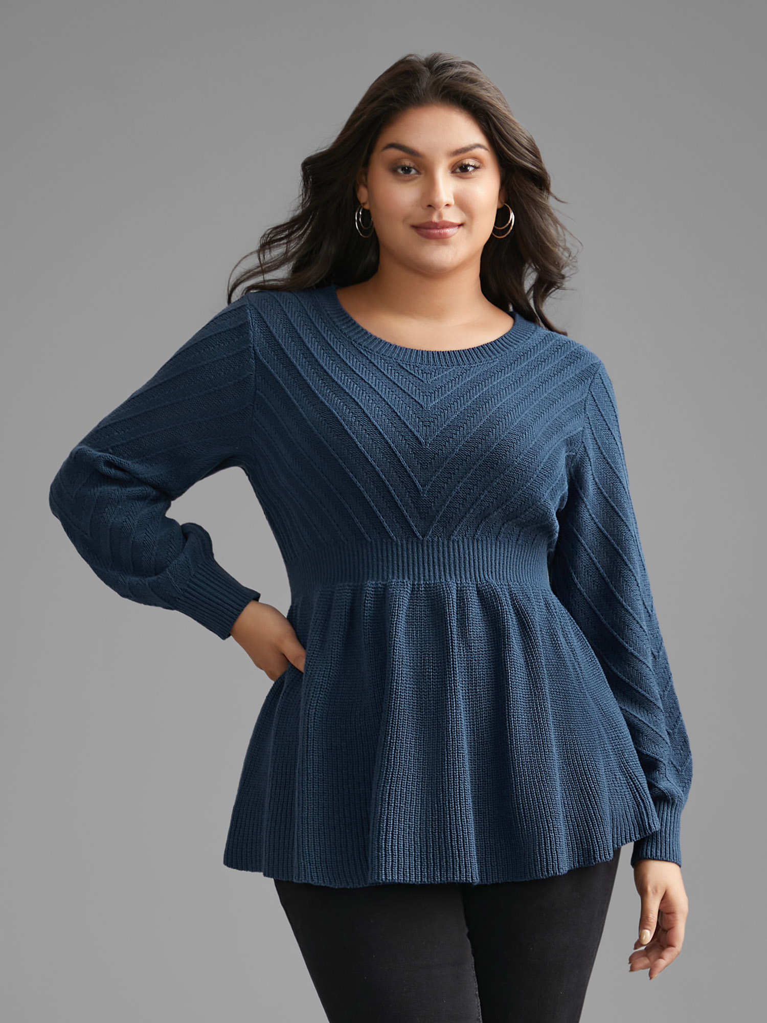 

Plus Size Crew Neck Plain Textured Lantern Sleeve Pullover Indigo Women Casual Bodycon Long Sleeve Round Neck Everyday Pullovers BloomChic