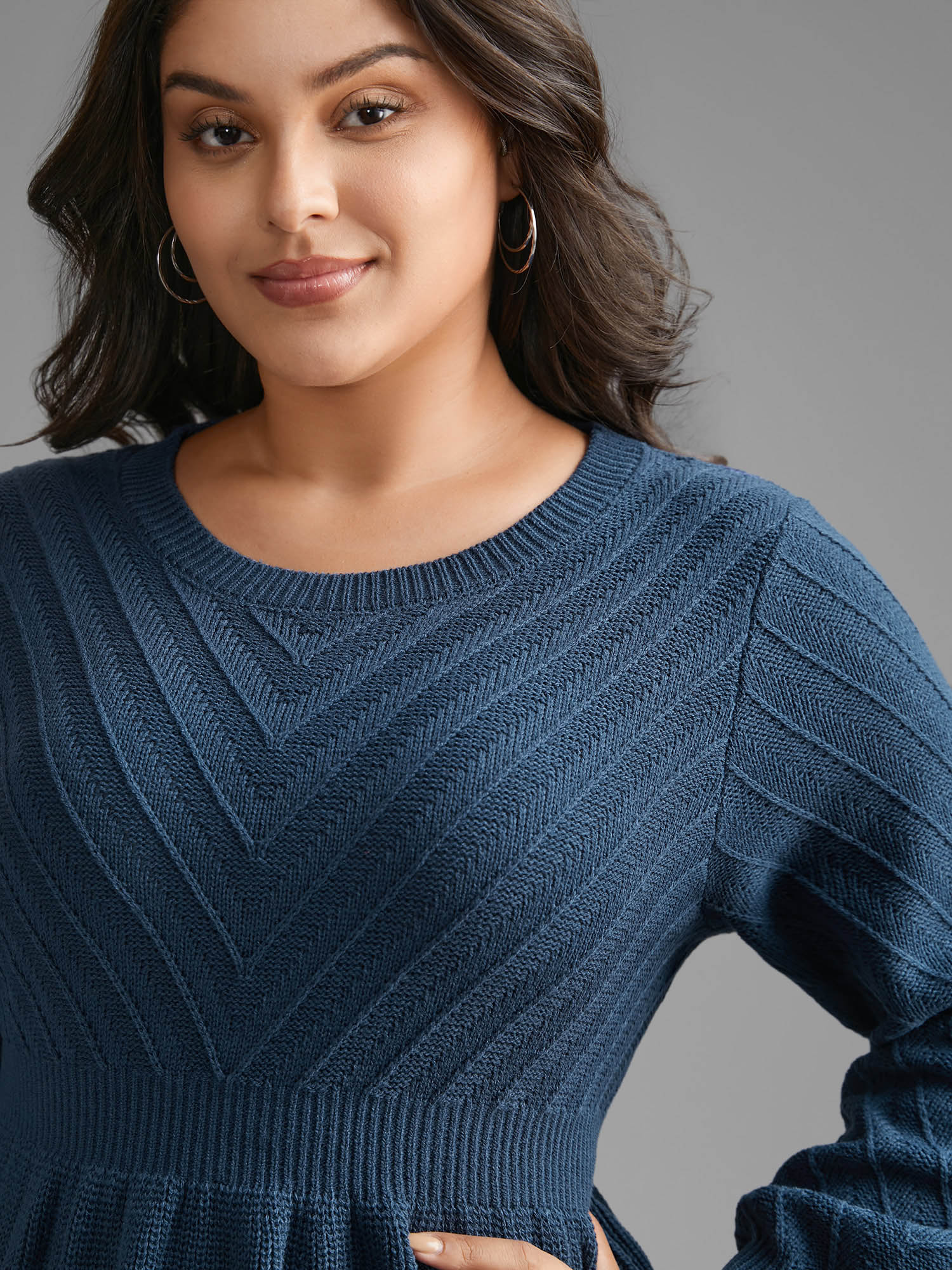 

Plus Size Crew Neck Plain Textured Lantern Sleeve Pullover Indigo Women Casual Bodycon Long Sleeve Round Neck Everyday Pullovers BloomChic