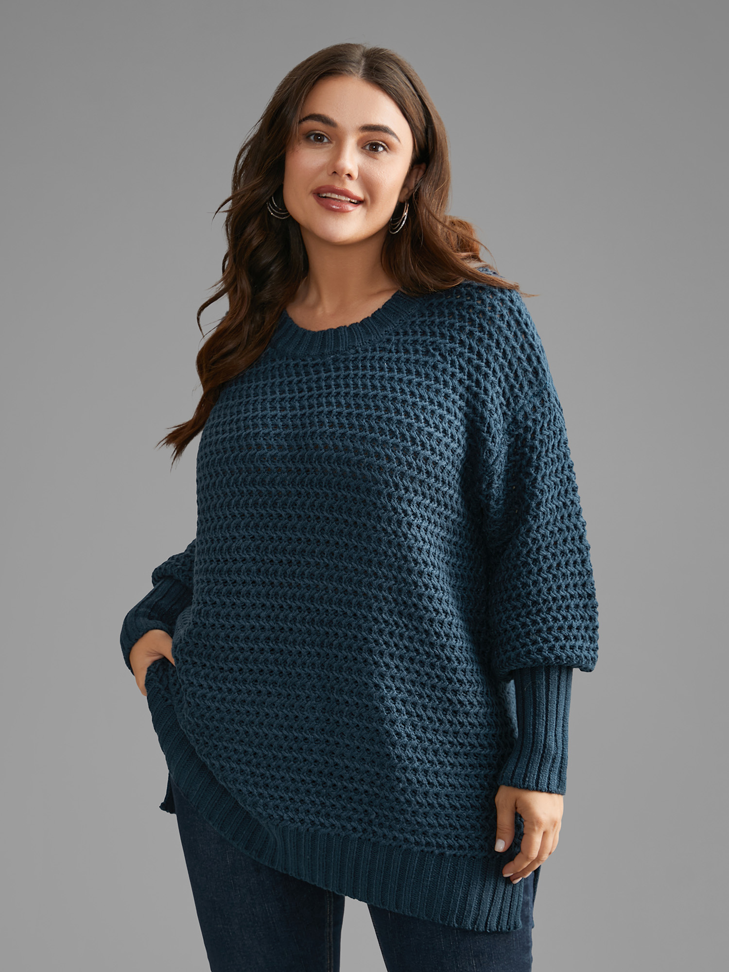 

Plus Size Texture Drop Shoulder Split Hem Pullover Cyan Women Casual Loose Long Sleeve Round Neck Everyday Pullovers BloomChic