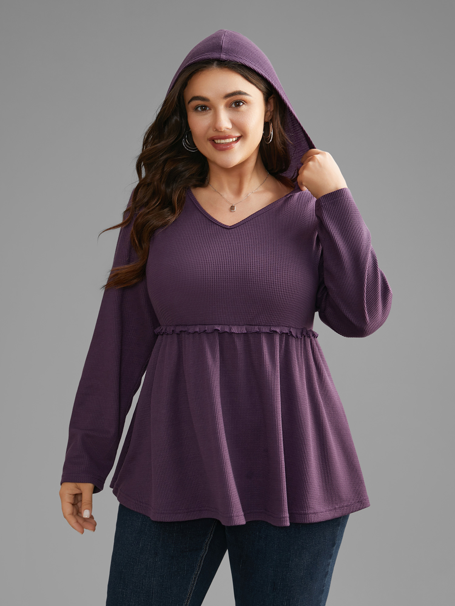 

Plus Size Texture Ruffles Hooded Jersey Top Eggplant Hooded Extra Long Sleeve Casual Jersey Tops