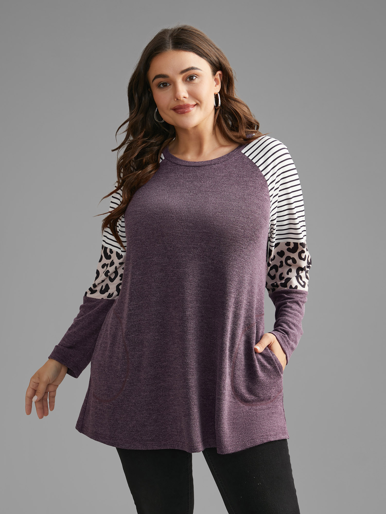 

Plus Size Striped Patchwork Leopard Pocket T-shirt Eggplant Women Casual Contrast Round Neck Loose Everyday T-shirts BloomChic