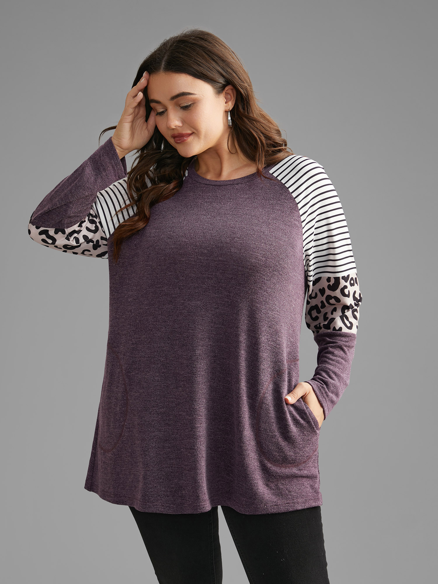 Plus Size Striped Patchwork Leopard Pocket T-shirt Eggplant Women Casual Contrast Round Neck Loose Everyday T-shirts BloomChic 10/M 