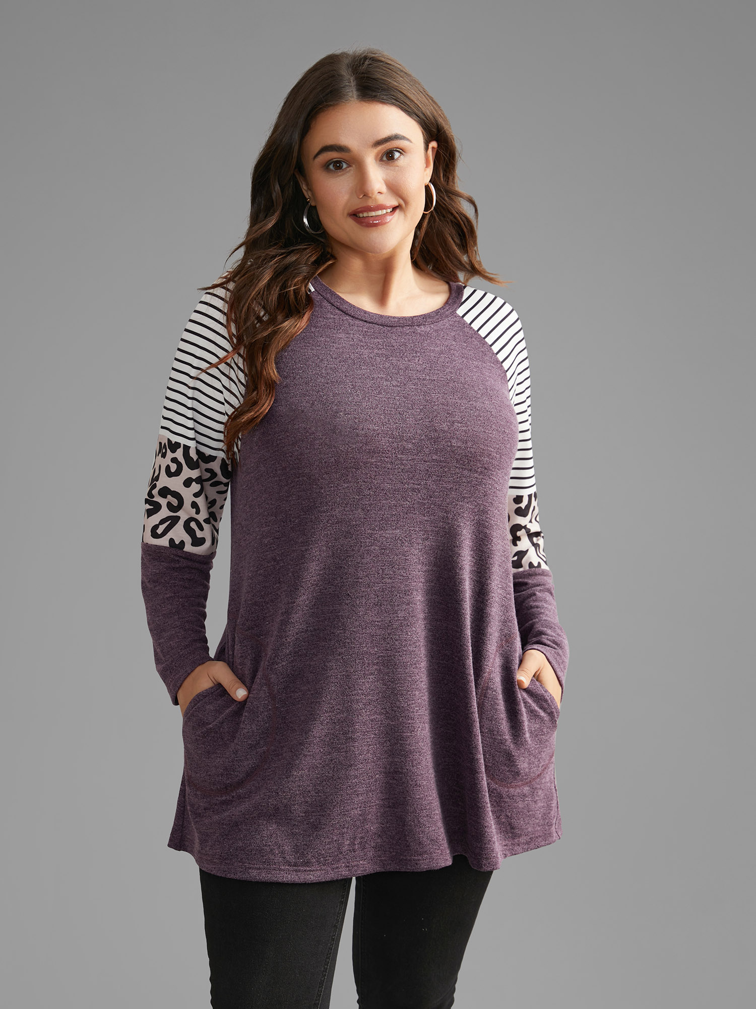 Plus Size Striped Patchwork Leopard Pocket T-shirt Eggplant Women Casual Contrast Round Neck Loose Everyday T-shirts BloomChic 10/M 