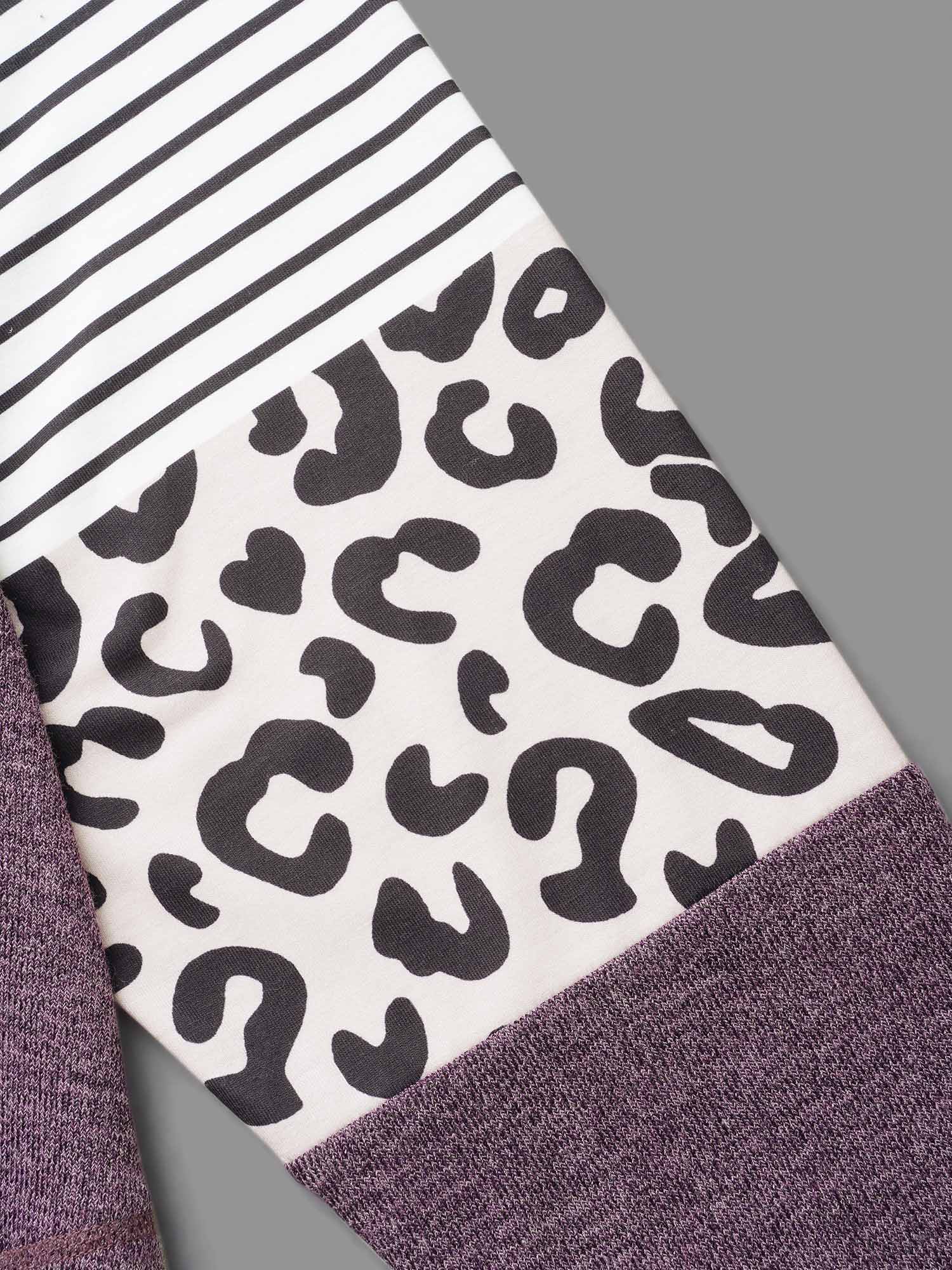 Plus Size Striped Patchwork Leopard Pocket T-shirt Eggplant Women Casual Contrast Round Neck Loose Everyday T-shirts BloomChic 10/M 