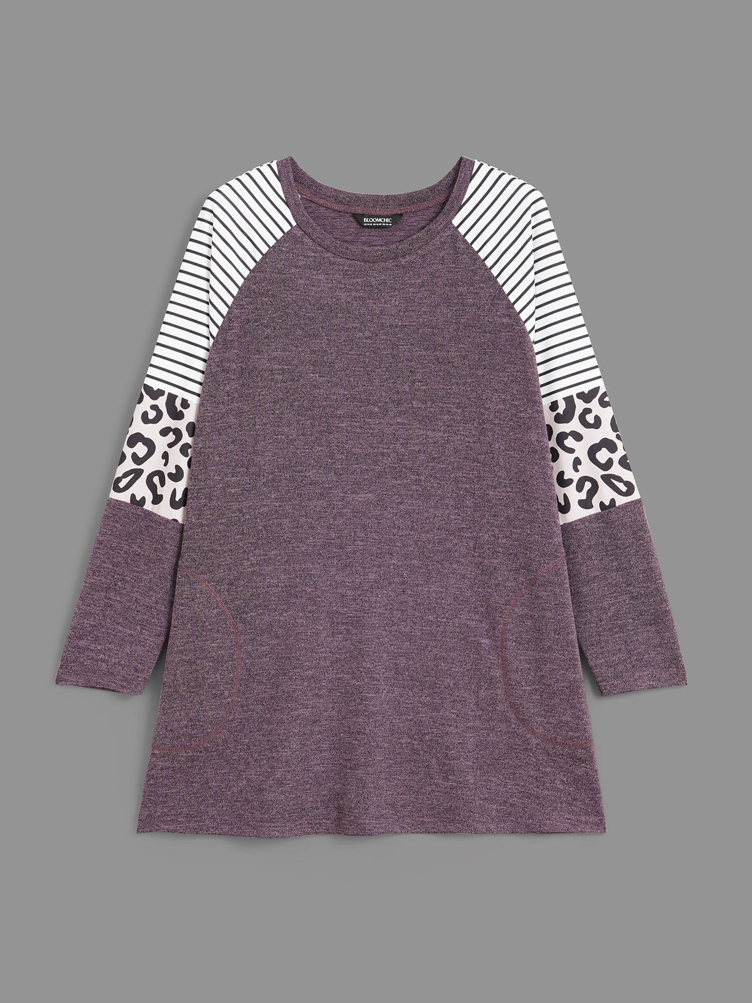 Plus Size Striped Patchwork Leopard Pocket T-shirt Eggplant Women Casual Contrast Round Neck Loose Everyday T-shirts BloomChic 10/M 