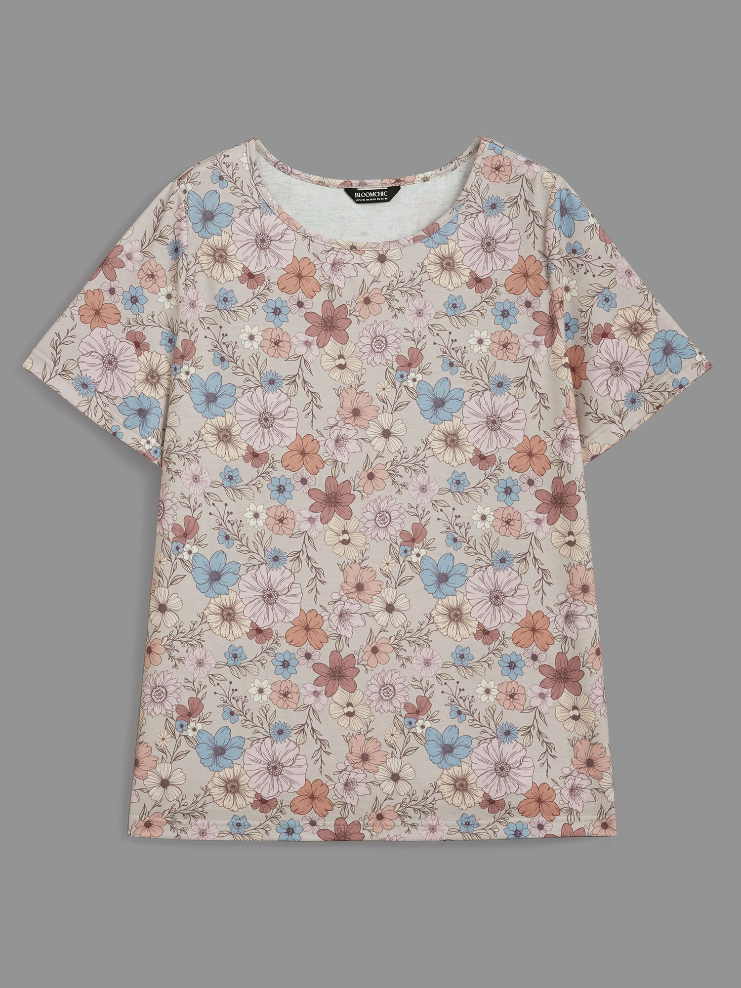 Plus Size Crew Neck Floral Print Stretchy T-shirt Multicolor Women Casual Contrast Natural Flowers Round Neck Everyday T-shirts BloomChic 18-20/2X 