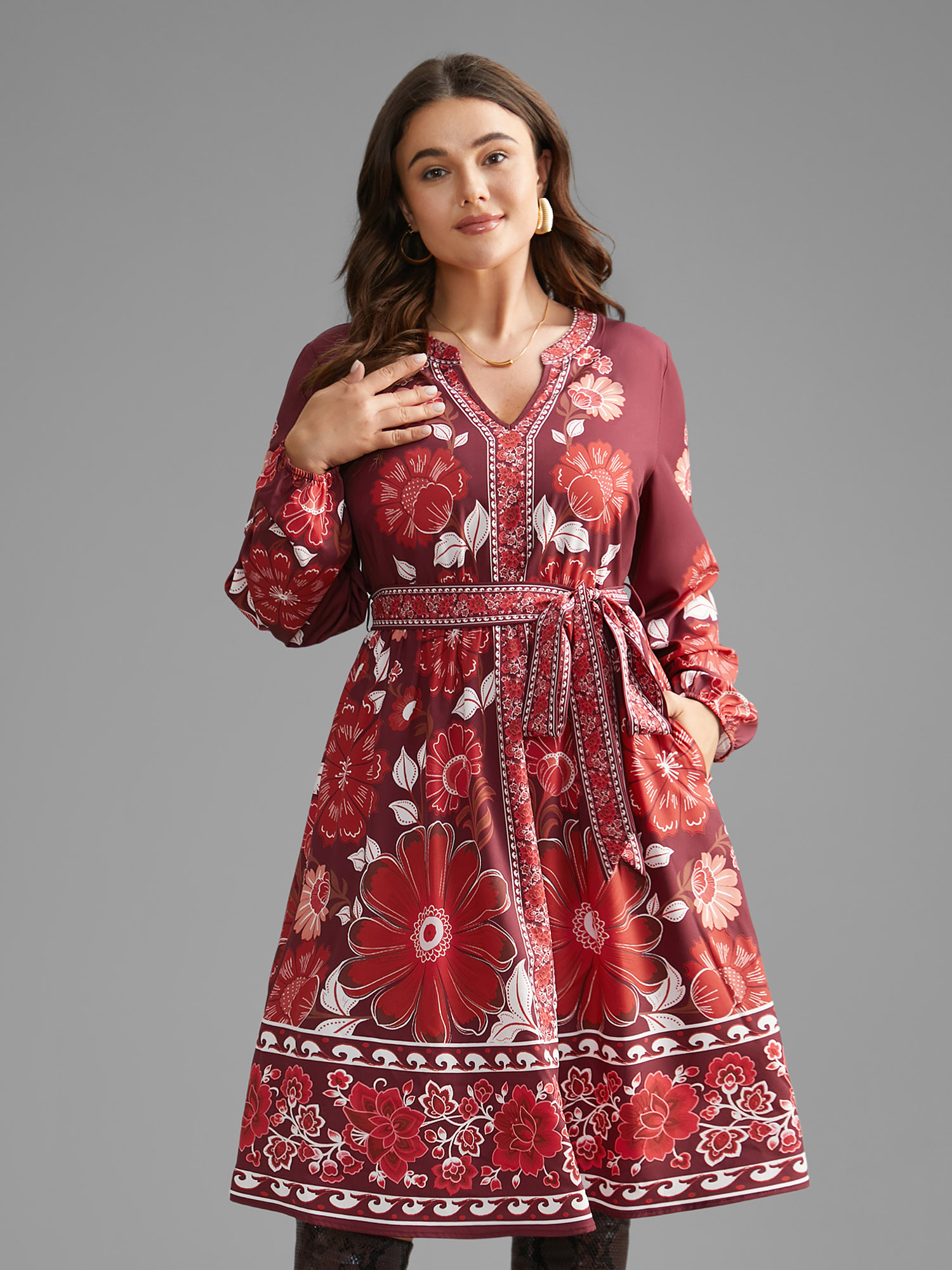 

Plus Size Boho Print Belted Lantern Sleeve Dress Burgundy Women Cocktail Belted Notched collar Long Sleeve Curvy BloomChic