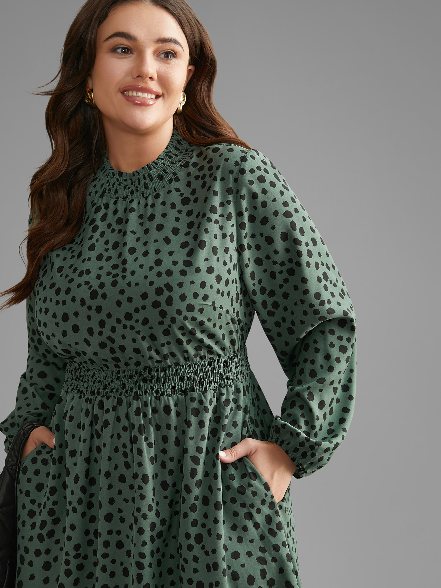 

Plus Size Polka Dot Shirred Frill Trim Dress DarkGreen Women At the Office Frill Trim Mock Neck Long Sleeve Curvy BloomChic