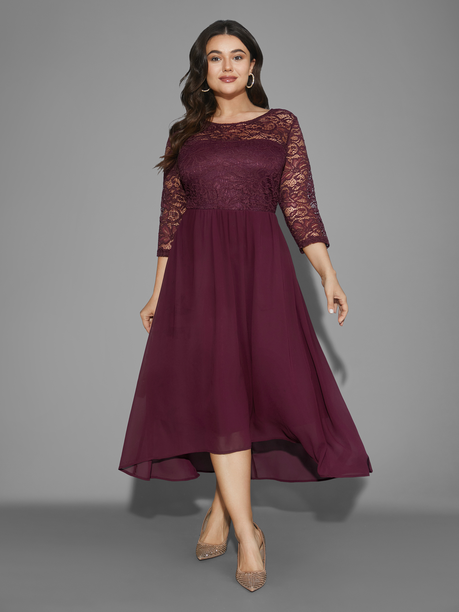 

Plus Size Crochet Lace High Low Hem Midi Dress Burgundy Women Cocktail Woven ribbon&lace trim Party Curvy Bloomchic