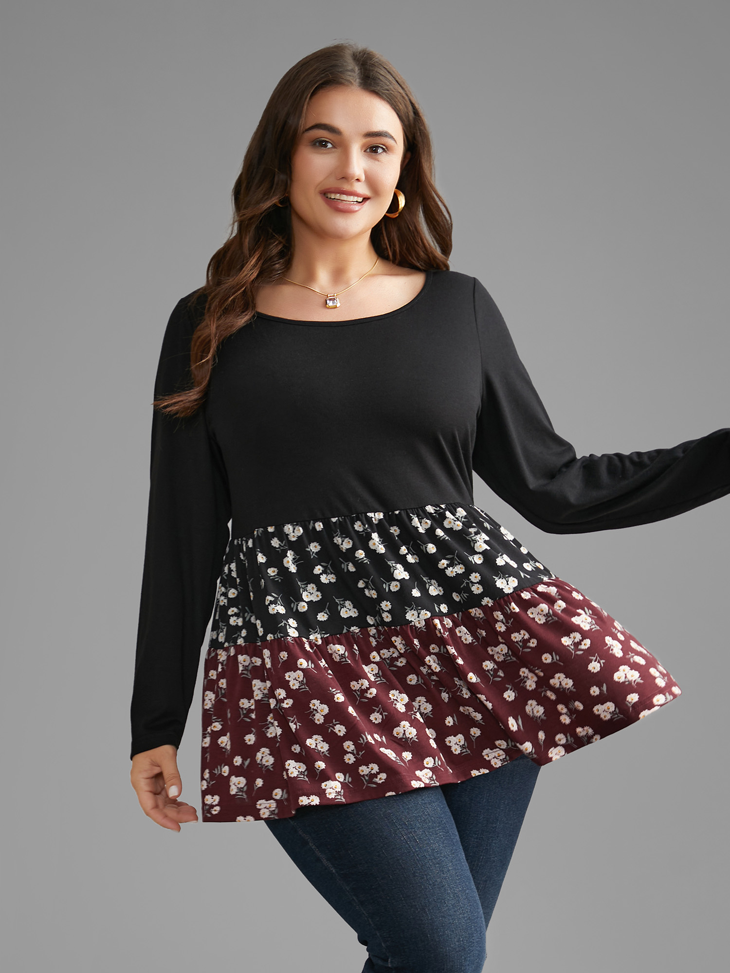 

Plus Size Ditsy Floral Contrast Patchwork Ruffle Hem Top Multicolor Round Neck Long Sleeve Elegant Jersey Tops