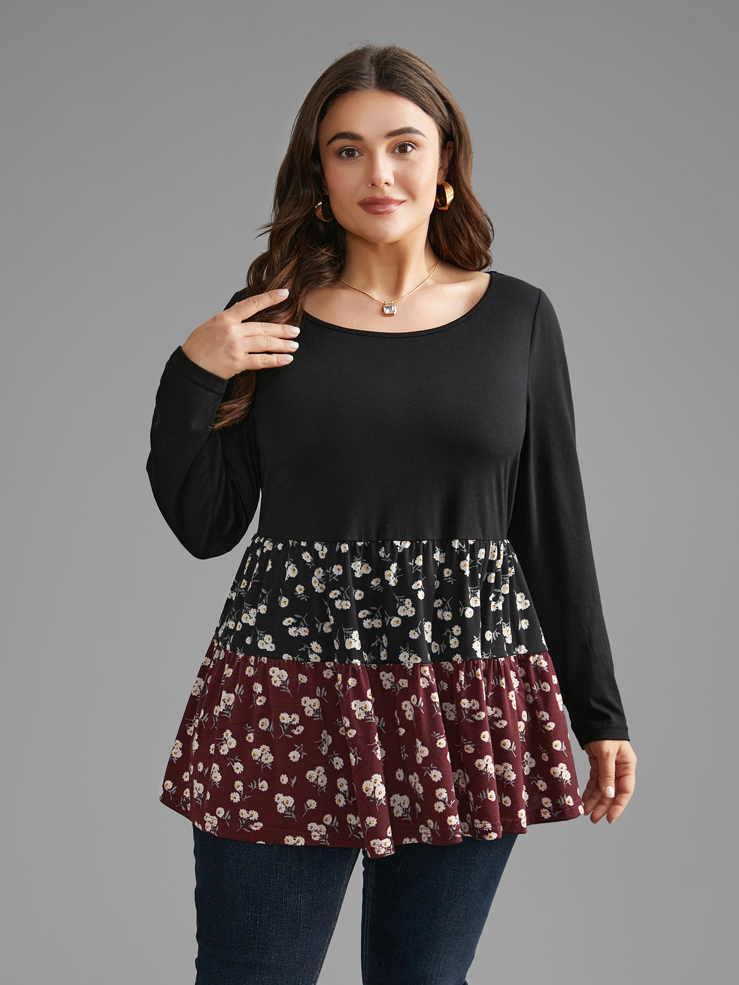 

Plus Size Ditsy Floral Contrast Patchwork Ruffle Hem Top Multicolor Round Neck Long Sleeve Elegant Jersey Tops