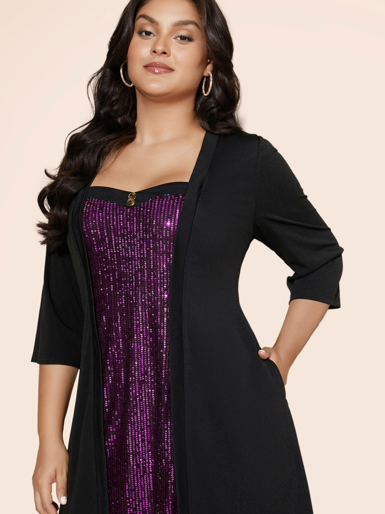 

Plus Size Heart Neckline Patchwork Sequin Button Detail Dress Deeppurplered Women Cocktail Texture Party Curvy Bloomchic