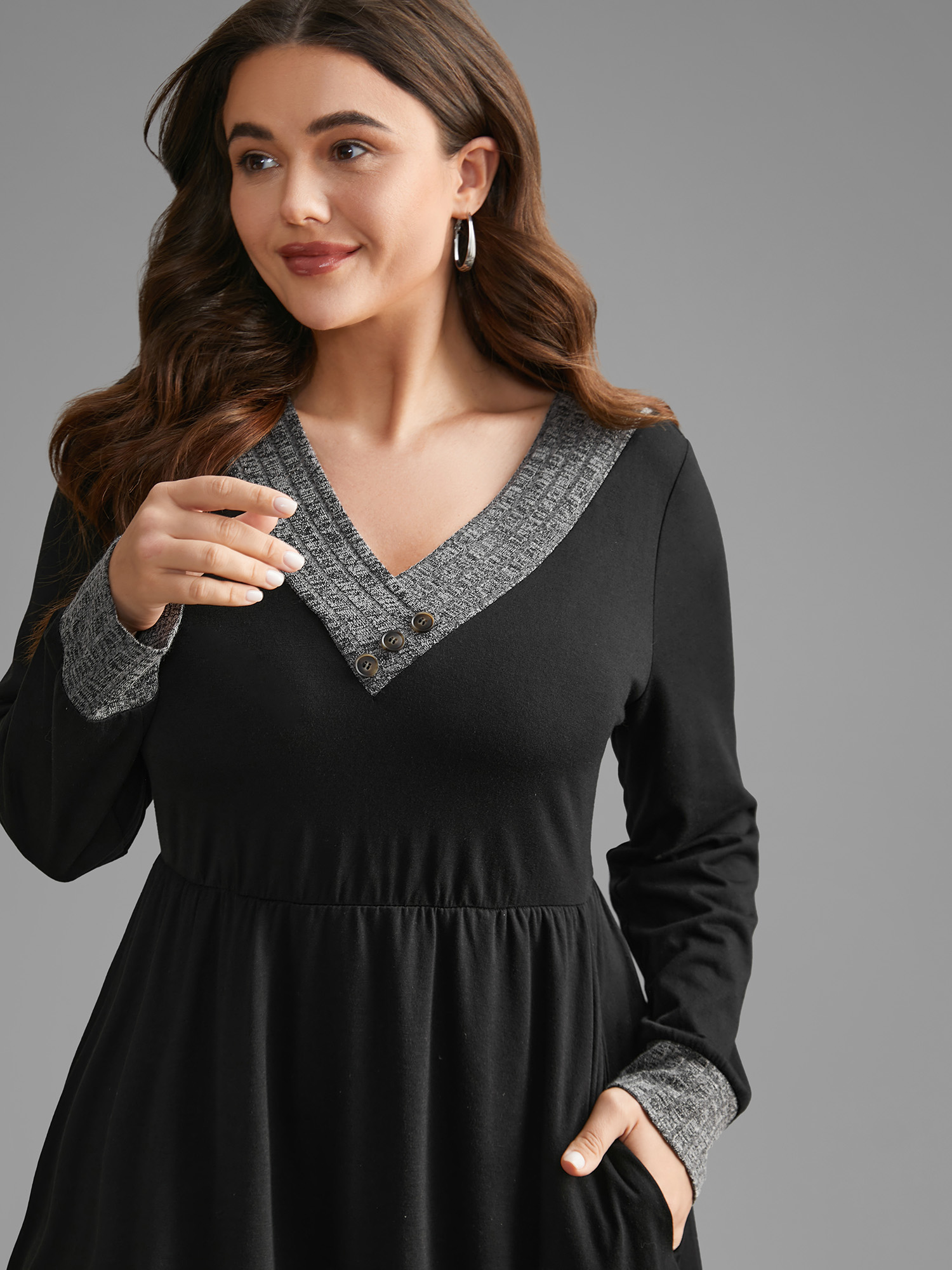 

Plus Size Textured Patchwork Button Detail Midi Dress DimGray Women Casual Contrast V-neck Long Sleeve Curvy BloomChic