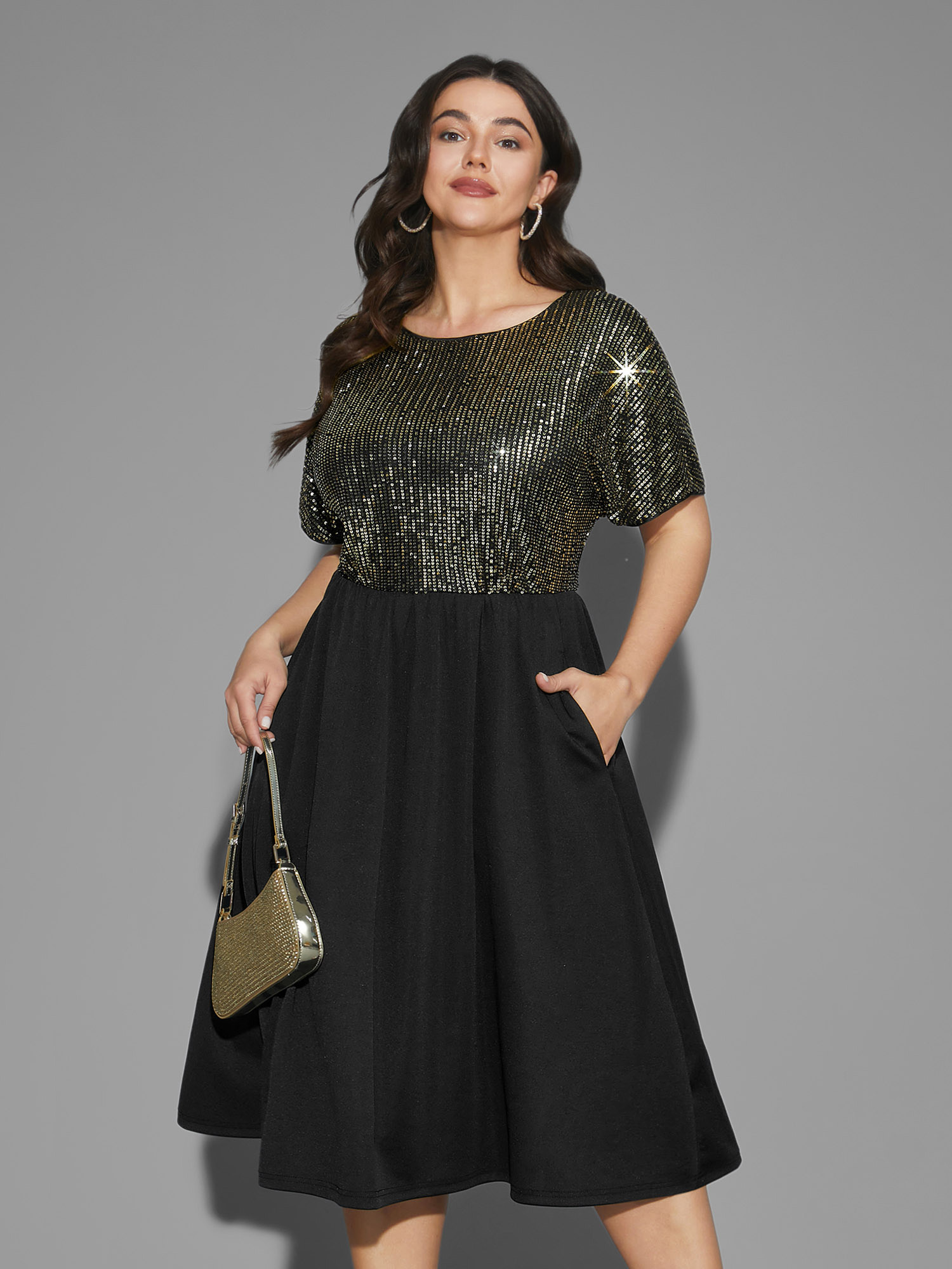 

Plus Size Sequin Patchwork Dolman Sleeve Dress Black Women Cocktail Texture Party Curvy Bloomchic