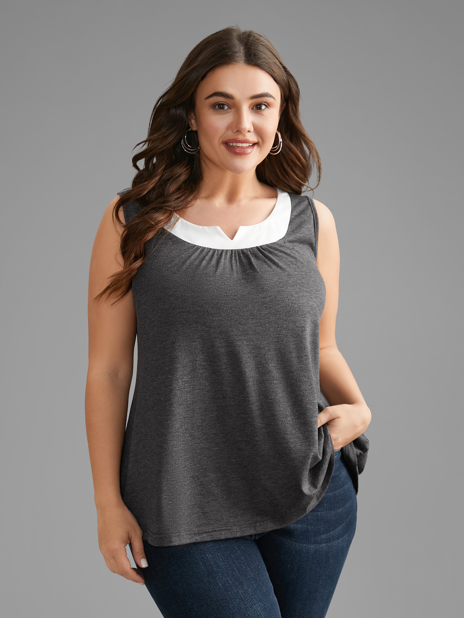 

Plus Size Notched Collar Contrast Patchwork Gathered Tank Top Women DimGray Casual Gathered Notched collar Everyday Tank Tops Camis BloomChic