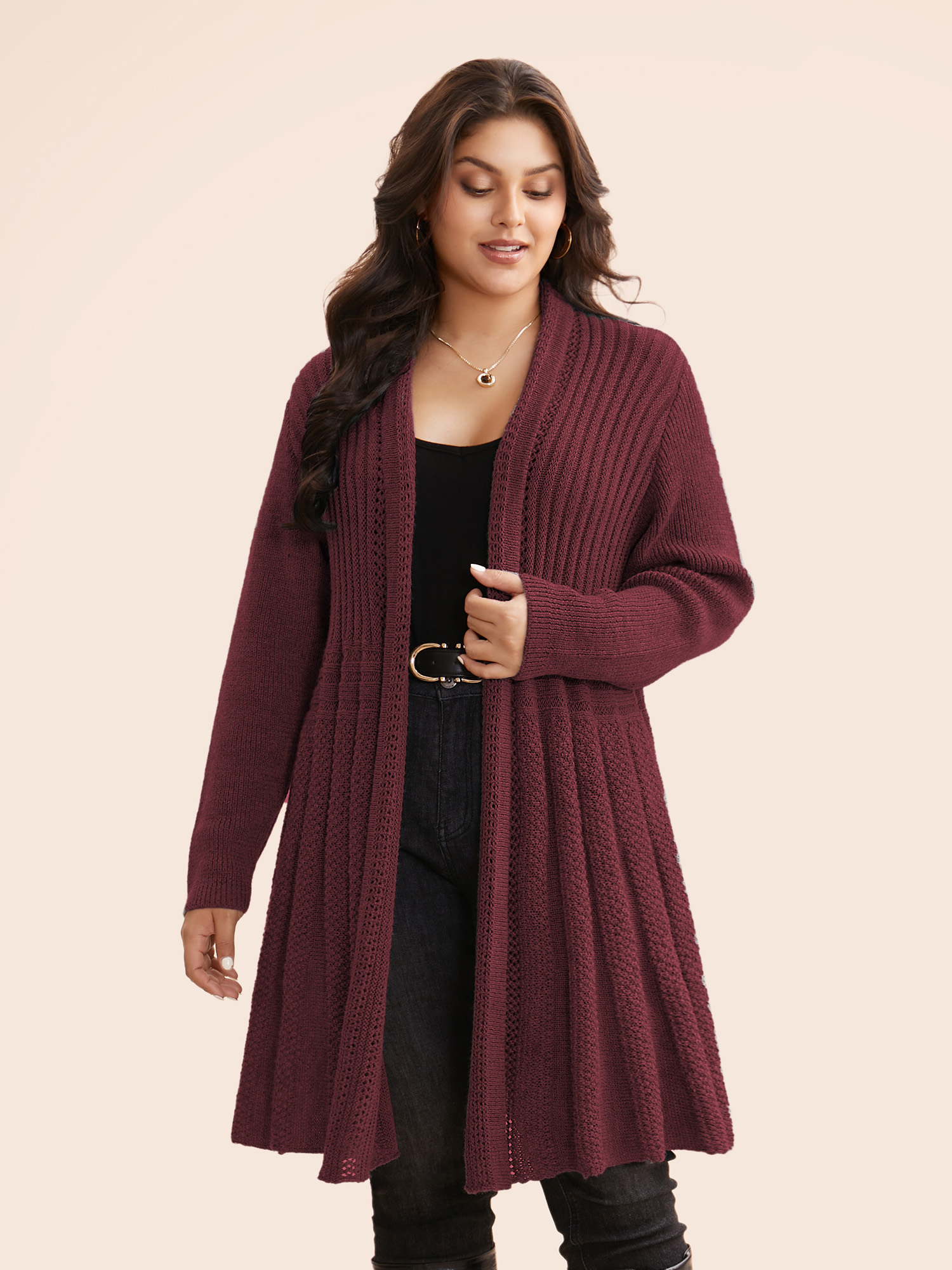 

Plus Size Plain Textured Kimono Collar Cardigan Deepred Women Casual Loose Long Sleeve Everyday Cardigans BloomChic