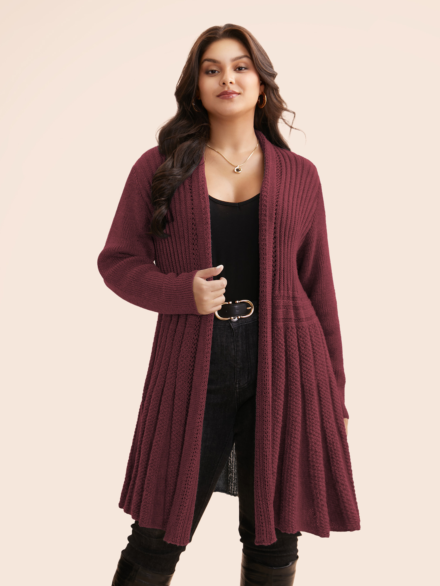 

Plus Size Plain Textured Kimono Collar Cardigan Deepred Women Casual Loose Long Sleeve Everyday Cardigans BloomChic