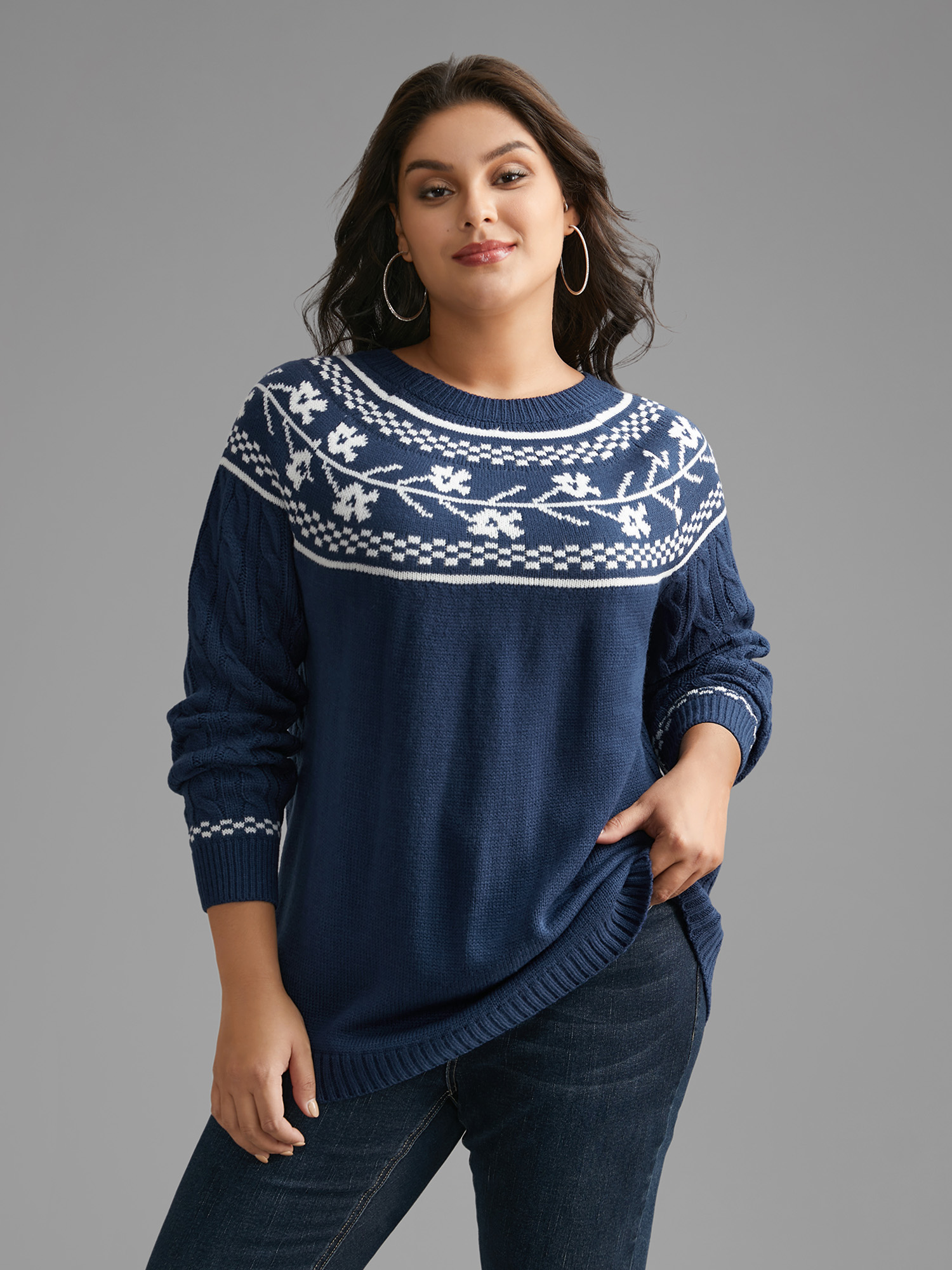 

Plus Size Floral Cable Knit Raglan Sleeve Pullover Navy Women Casual Loose Long Sleeve Round Neck Everyday Pullovers BloomChic