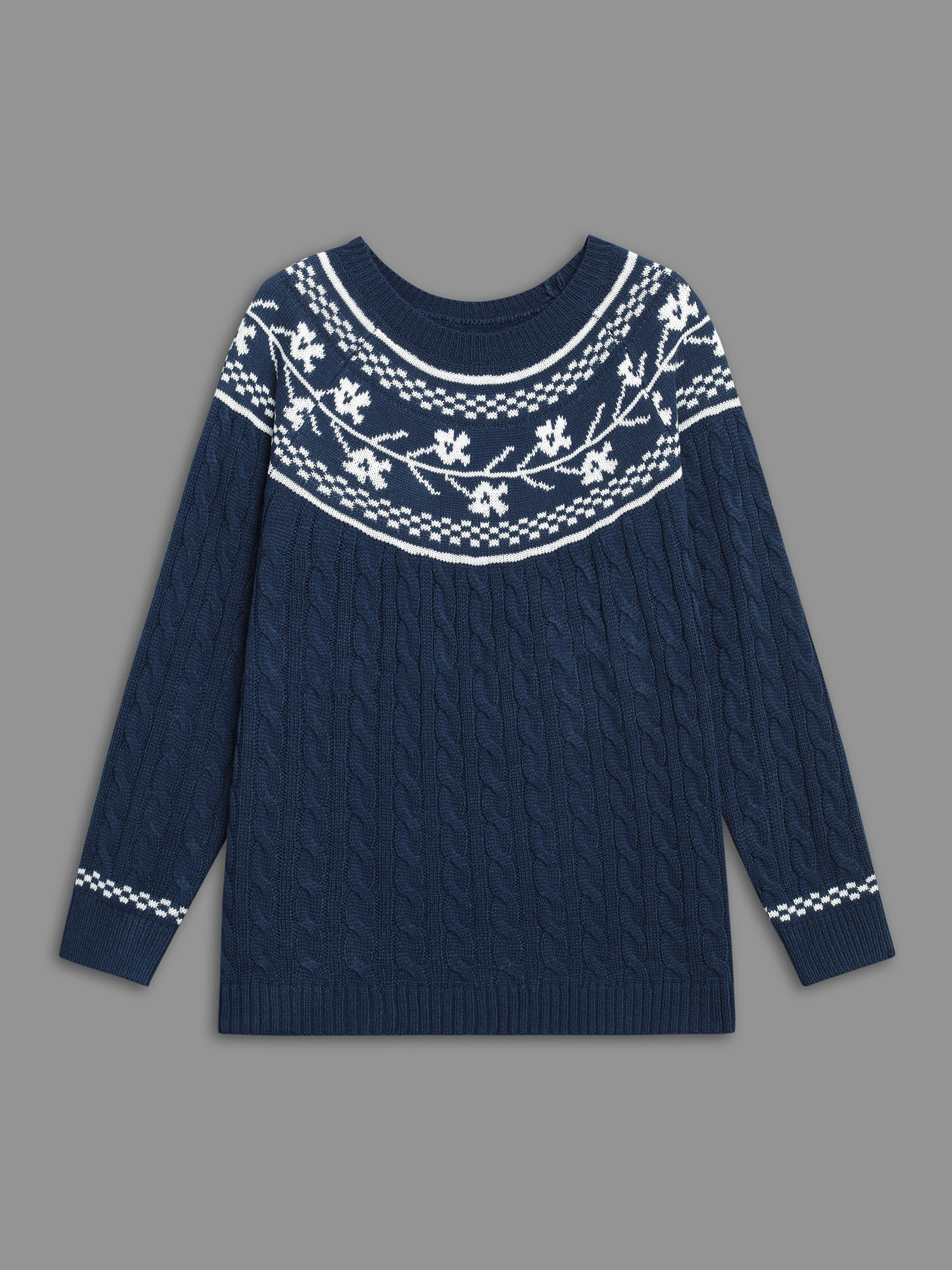 

Plus Size Floral Cable Knit Raglan Sleeve Pullover Navy Women Casual Loose Long Sleeve Round Neck Everyday Pullovers BloomChic