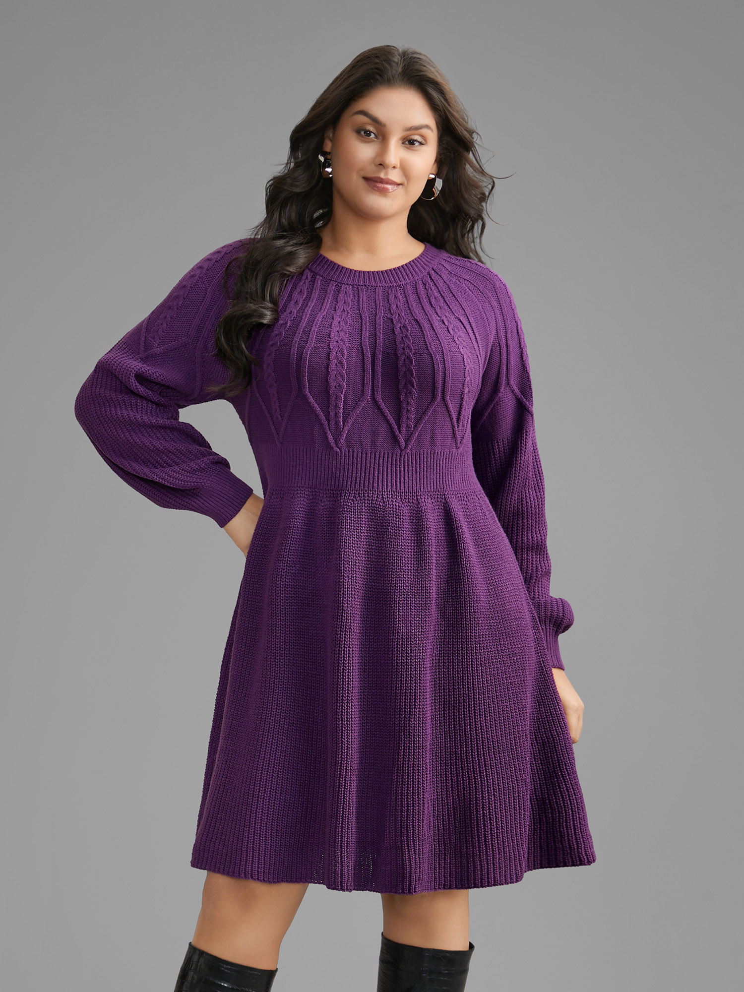 

Plus Size Cable Knit Texture Raglan Sleeve Pullover DarkViolet Women Elegant Bodycon Long Sleeve Everyday Sweater Dresses BloomChic