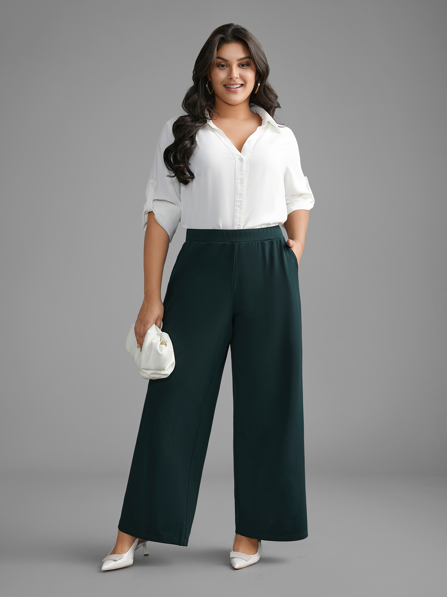 Plus Size Solid Elastic Waist Wide Leg Pants Women DarkGreen Workwear Essentials Wide Leg Mid Rise Work Pants BloomChic 18-20/2X 