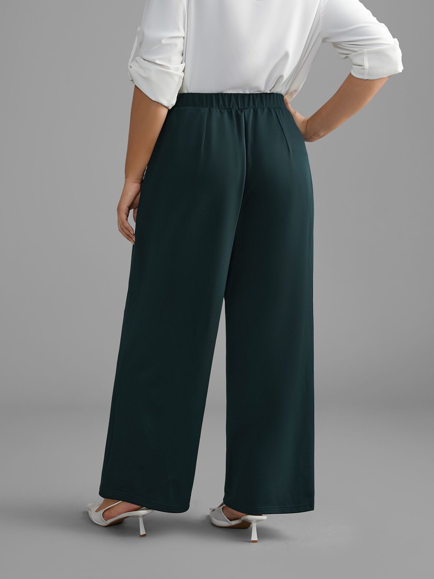 Plus Size Solid Elastic Waist Wide Leg Pants Women DarkGreen Workwear Essentials Wide Leg Mid Rise Work Pants BloomChic 18-20/2X 