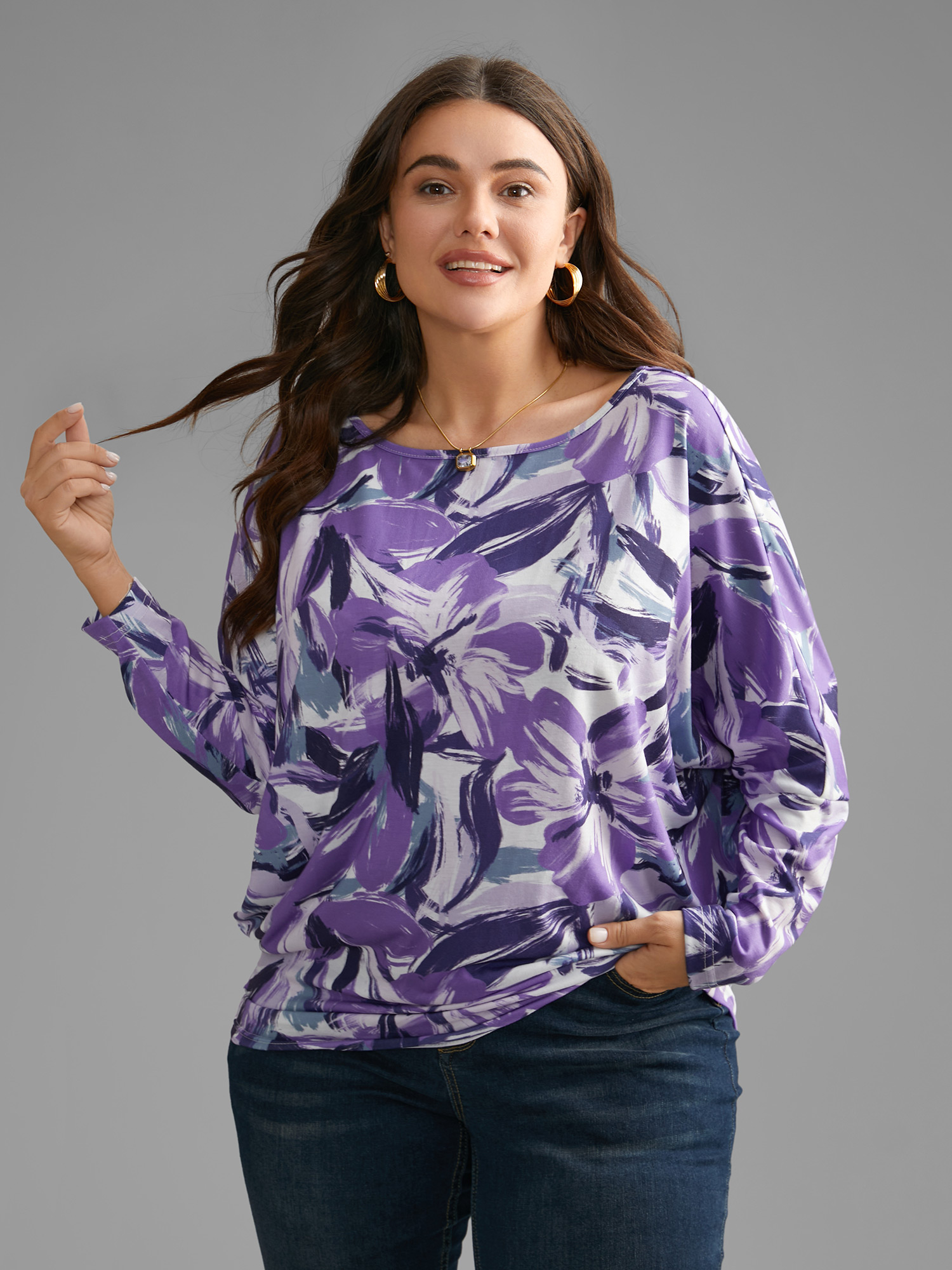 

Plus Size Watercolor Floral Boat Neck Batwing Sleeve Top Multicolor Boat Neck Long Sleeve Elegant Jersey Tops