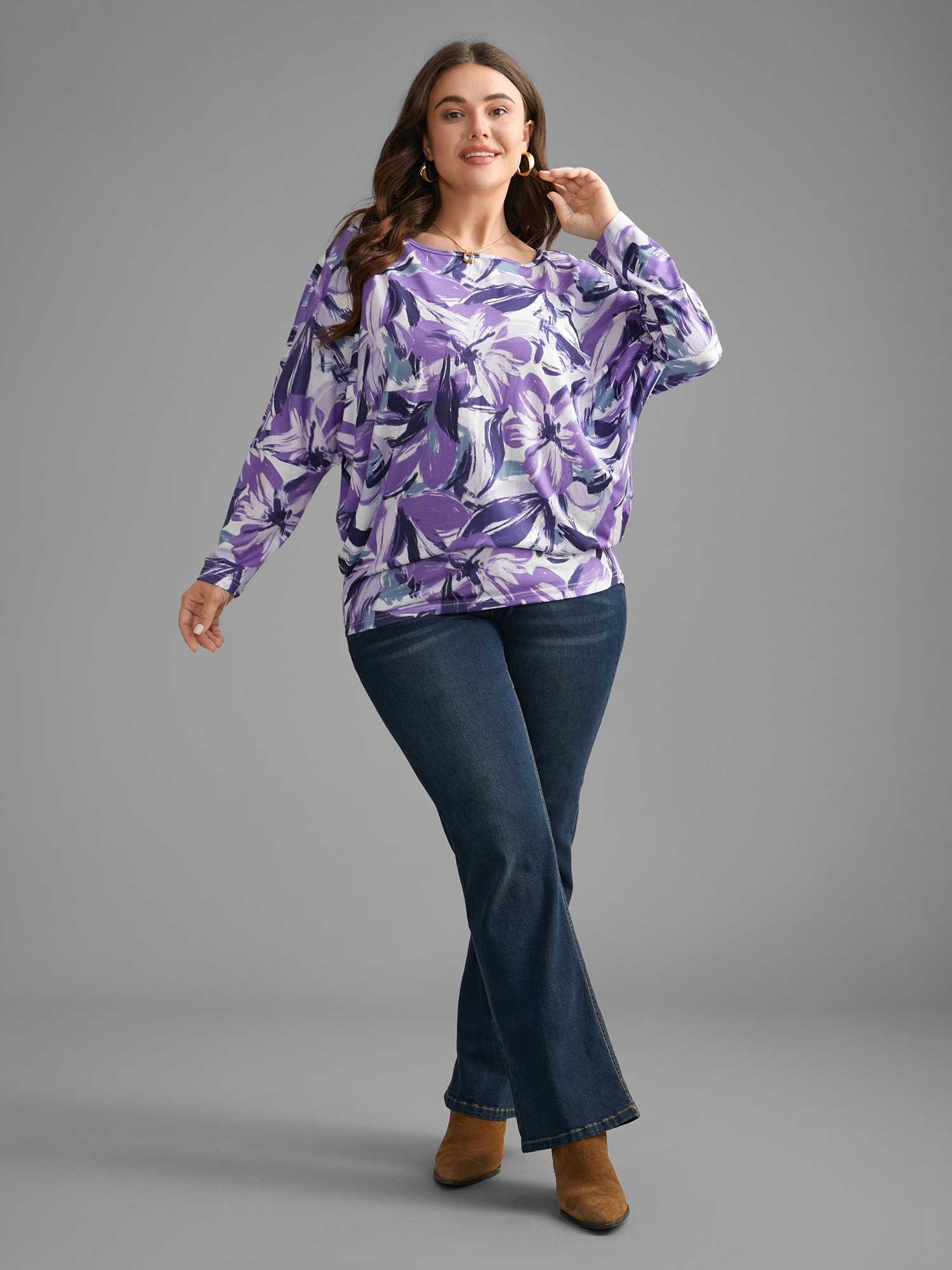 

Plus Size Watercolor Floral Boat Neck Batwing Sleeve Top Multicolor Boat Neck Long Sleeve Elegant Jersey Tops