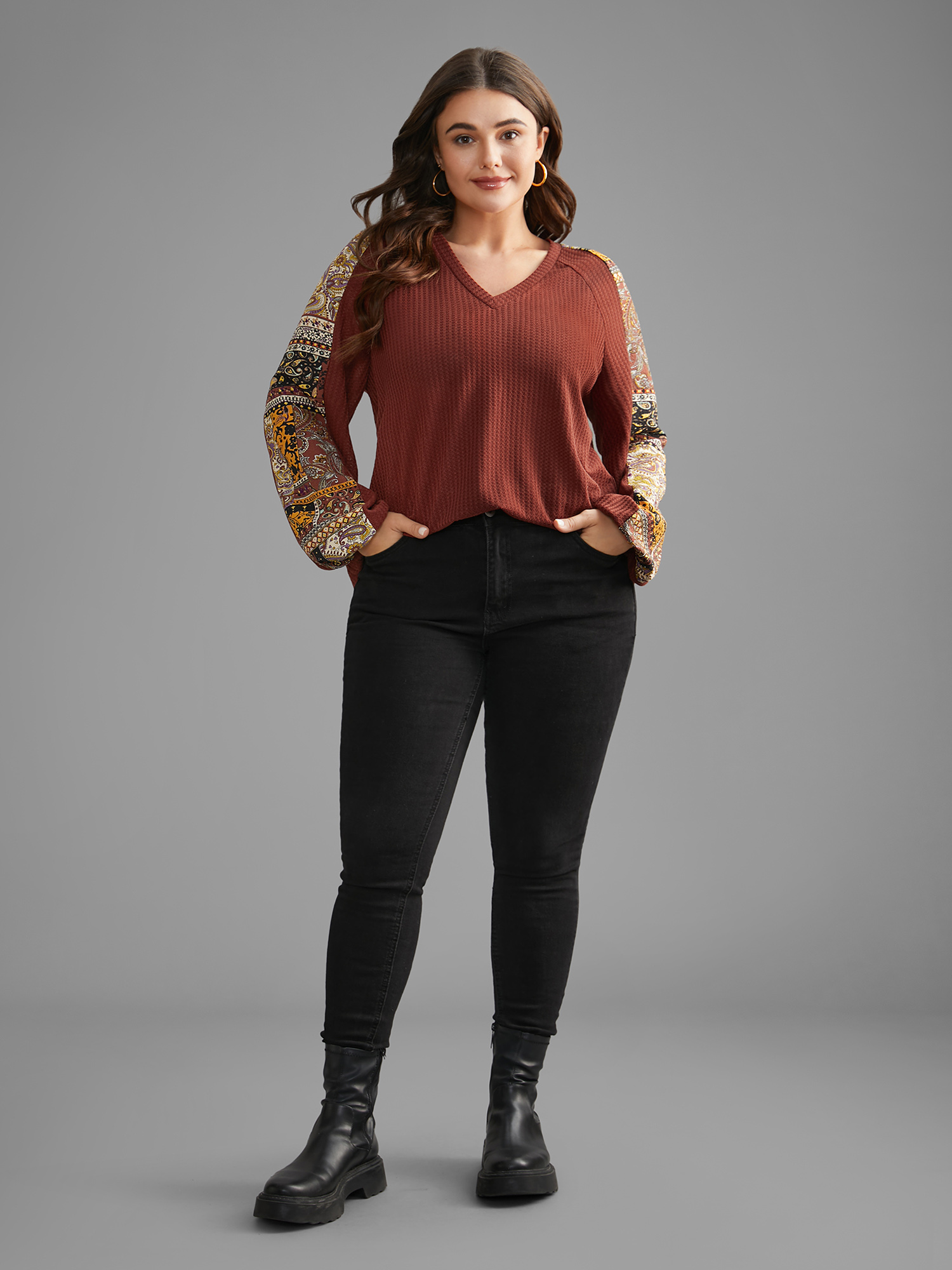 Plus Size Bandana Patchwork Waffle Knit T-shirt Maroon Women Casual Texture V-neck Loose Everyday T-shirts BloomChic 28/5X 