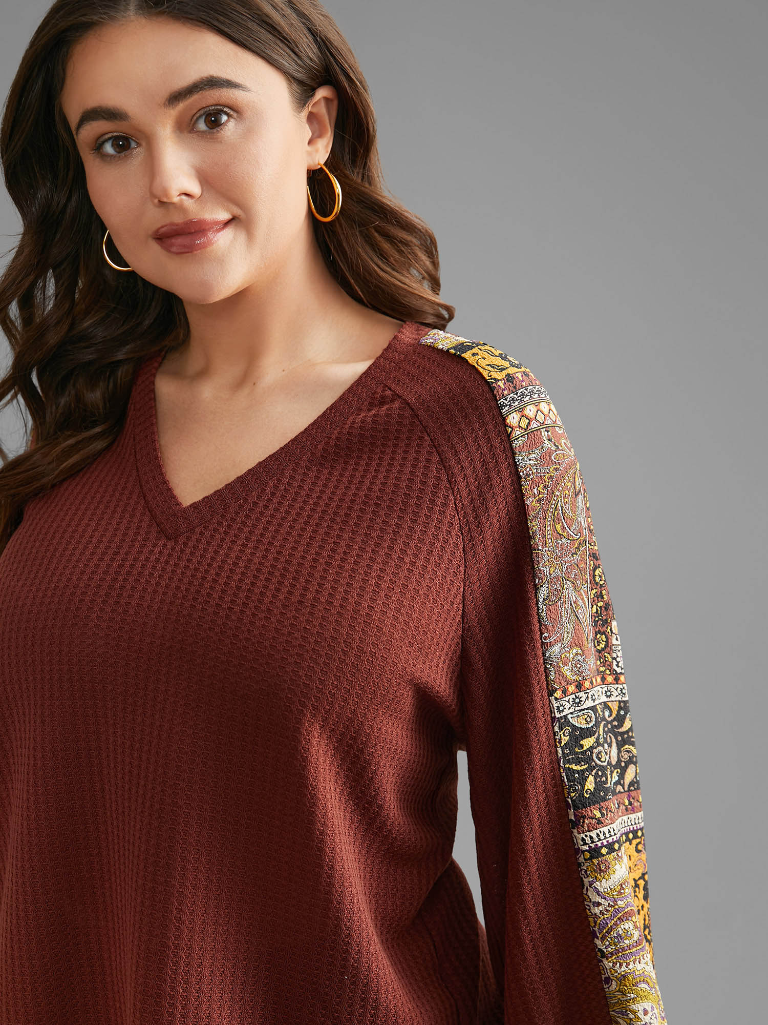 Plus Size Bandana Patchwork Waffle Knit T-shirt Maroon Women Casual Texture V-neck Loose Everyday T-shirts BloomChic 28/5X 