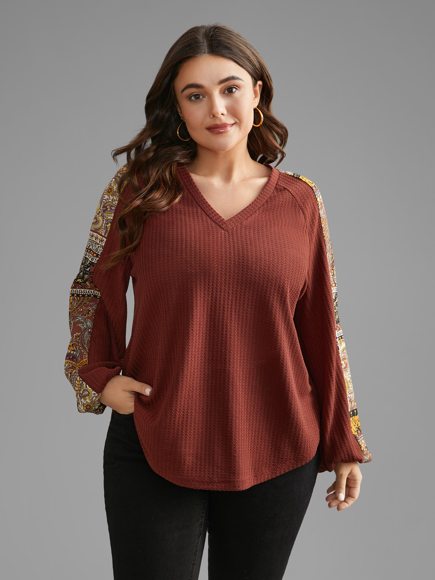 Plus Size Bandana Patchwork Waffle Knit T-shirt Maroon Women Casual Texture V-neck Loose Everyday T-shirts BloomChic 28/5X 
